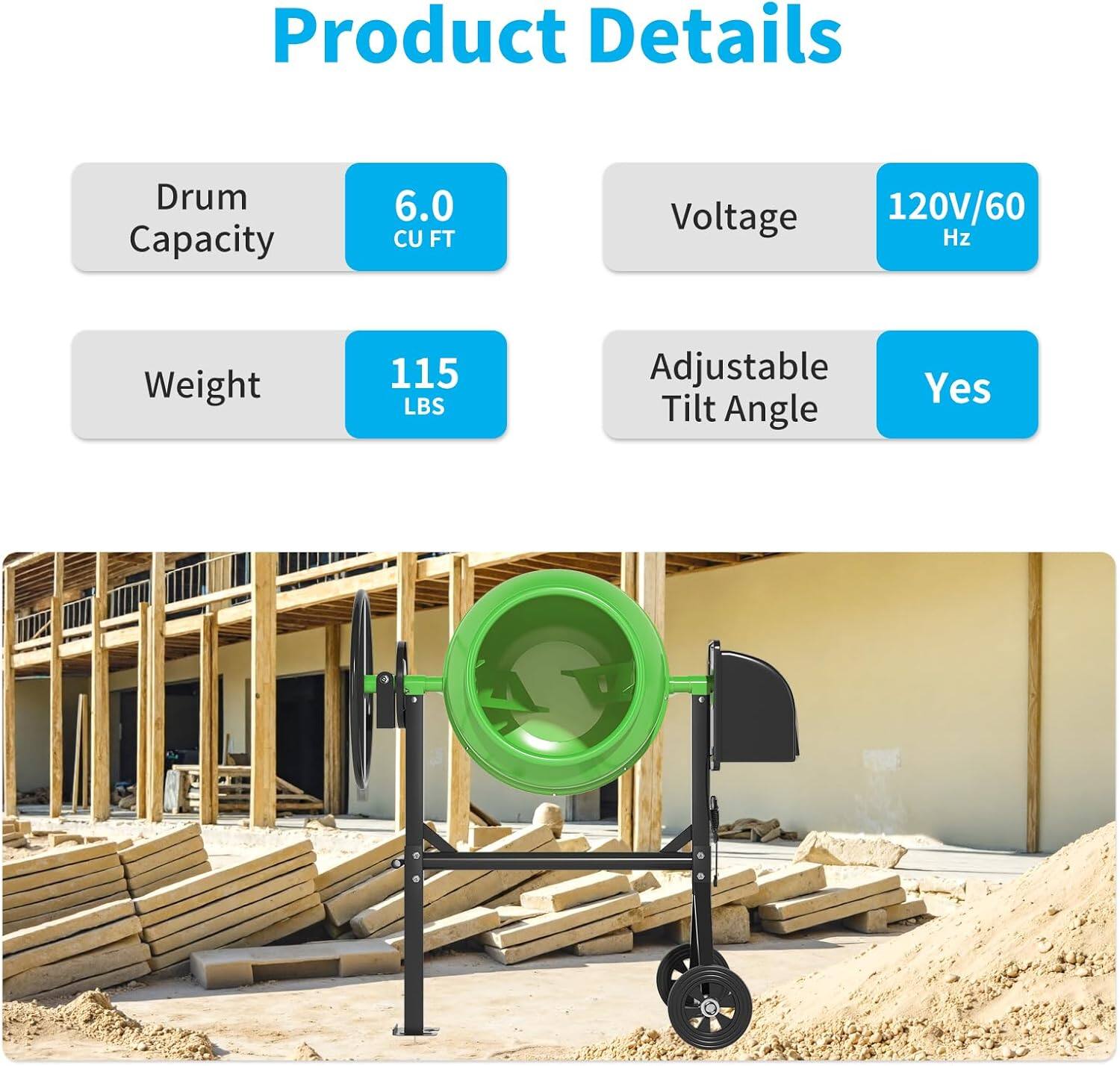 Product Details

- Drum Capacity: 6.0 CU FT
- Voltage: 120V/60 Hz
- Weight: 115 LBS
- Adjustable Tilt Angle: Yes