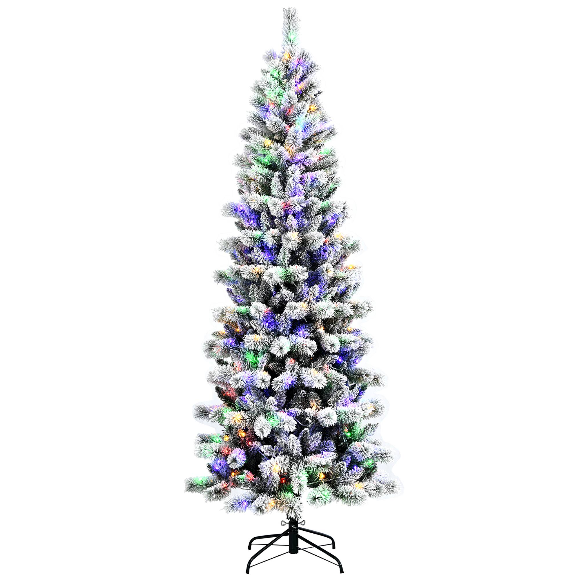 Costway - 7.5FT Pre-Lit Hinged Christmas Tree Snow Flocked w/9 Modes Remote Control Lights - Green/White