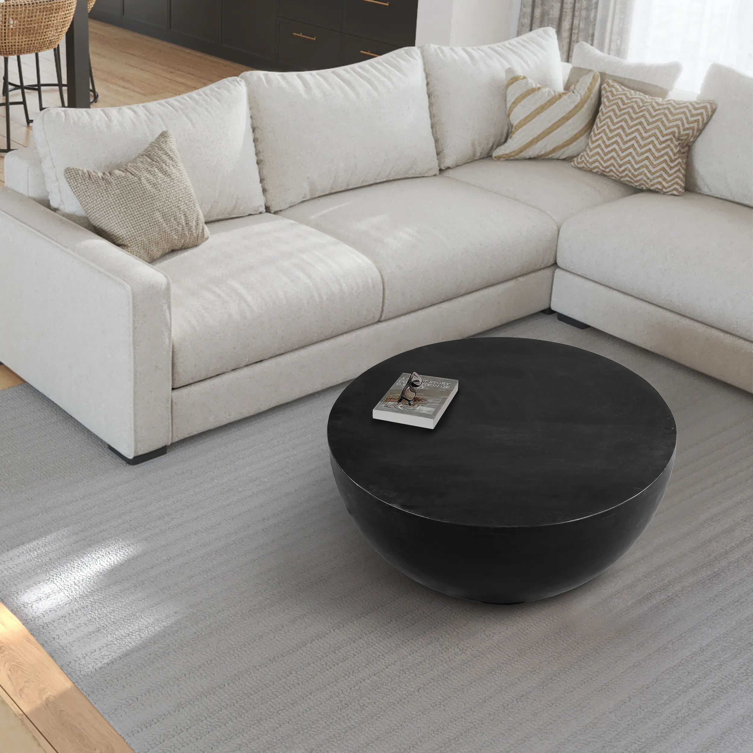 Alt View 7. Manhattan Lane - 30 Inch Modern Art Coffee Table, Round Drum Shape, Solid Mango Wood - Black.
