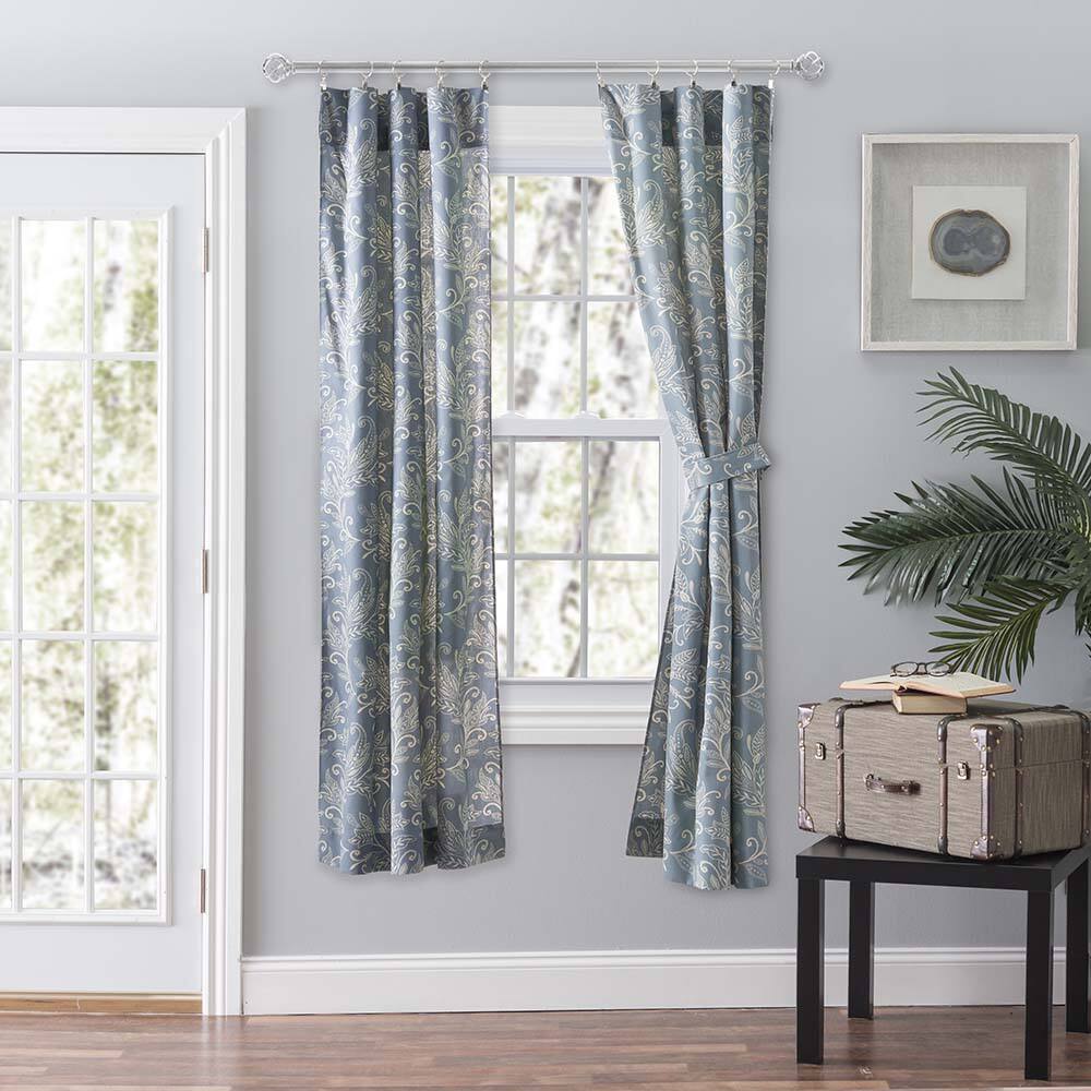 Angle. Ellis Curtain - Ellis Curtain Lexington Leaf Pattern on Colored Ground Curtain Pair with Ties 56"x84" Blue - Blue.