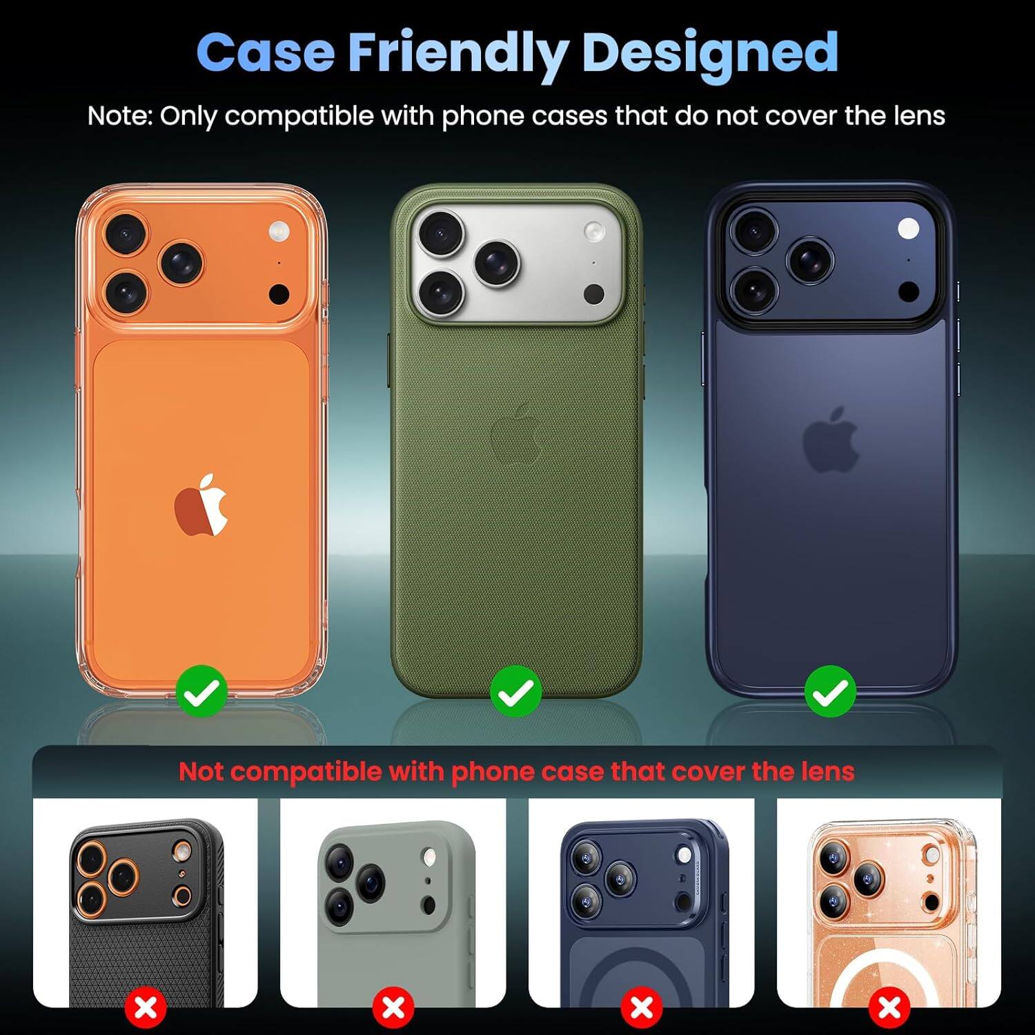 Case Friendly Designed

Note: Only compatible with phone cases that do not cover the lens

Not compatible with phone case that cover the lens
