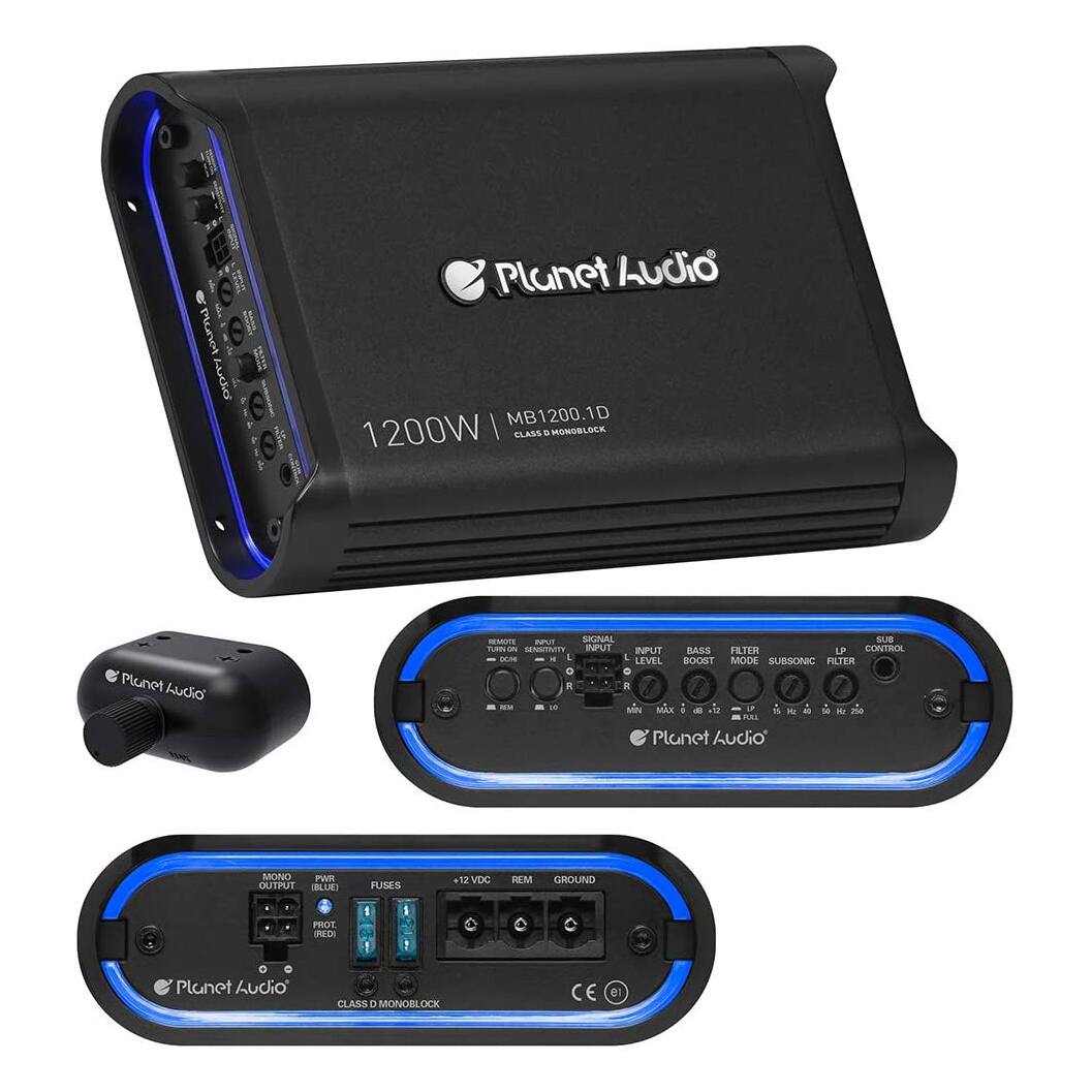Planet Audio MB1200.1D  
1200W / CLASS D MONOBLOCK  

- INPUT: RCA SIGNAL IN, SUBSONIC FILTER, BASS BOOST, FILTER MODE, SUB CONTROL  
- OUTPUT: MONO OUTPUT, REM GROUND, FUSES, +12VDC REM  
- LEVEL: SIGNAL LEVEL, BASS LEVEL, SUB LEVEL  
- FILTER: LP FILTER, SUBSONIC FILTER  
- BOOST: LEVEL BOOST  
- SUB CONTROL: 18Hz MIN, 200Hz MAX  
- REMOTE: REMOTE CONTROL, REMOTE GROUND  
- CE MARKING  

Planet Audio CLASS D MONOBLOCK