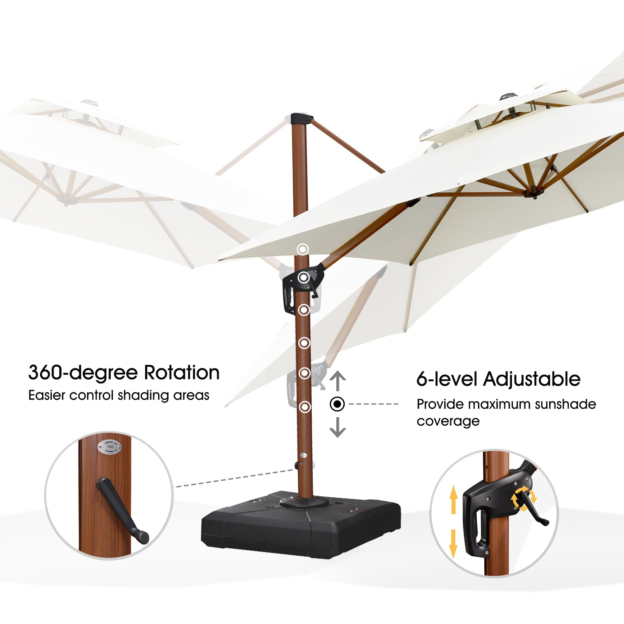360-degree Rotation  
Easier control shading areas  

6-level Adjustable  
Provide maximum sunshade coverage