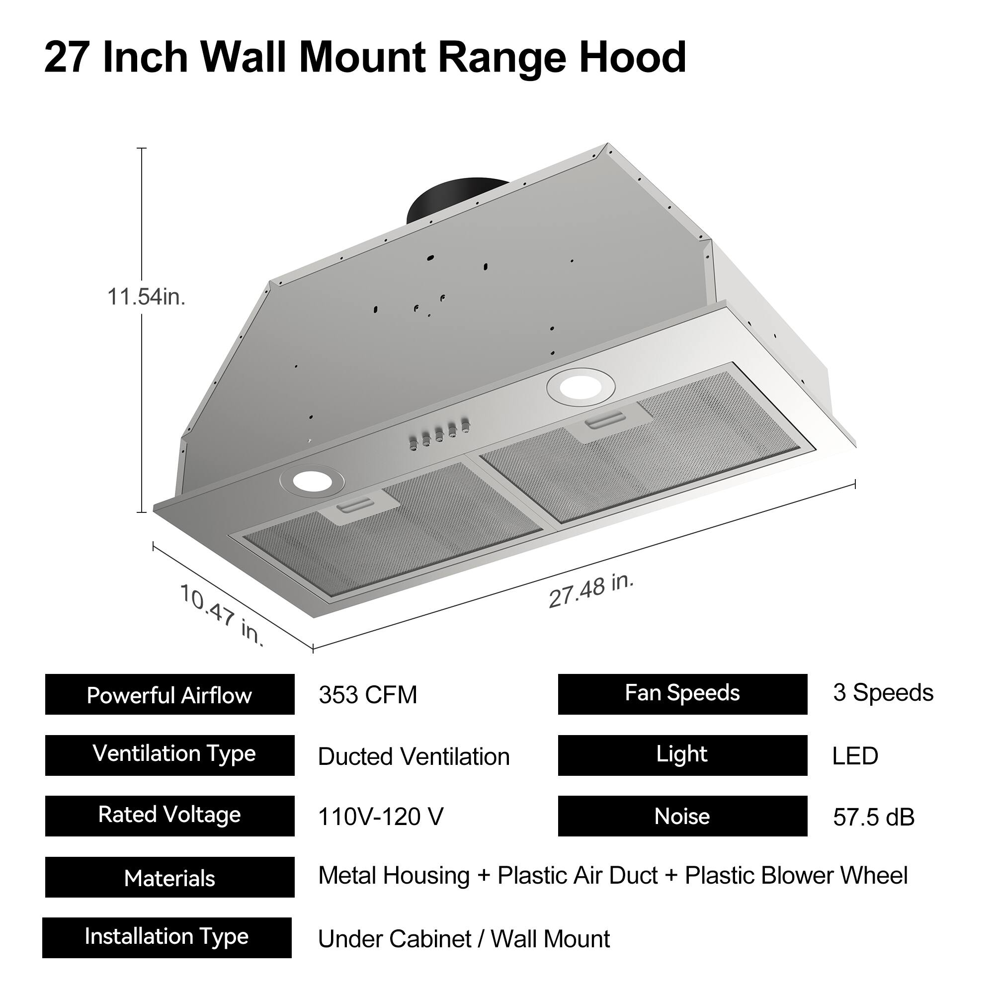 27 Inch Wall Mount Range Hood

- Width: 27.48 in.
- Height: 11.54 in.
- Depth: 10.47 in.

Features:
- Powerful Airflow: 353 CFM
- Fan Speeds: 3 Speeds
- Ventilation Type: Ducted Ventilation
- Light: LED
- Rated Voltage: 110V-120 V
- Noise: 57.5 dB
- Materials: Metal Housing + Plastic Air Duct + Plastic Blower Wheel
- Installation Type: Under Cabinet/Wall Mount