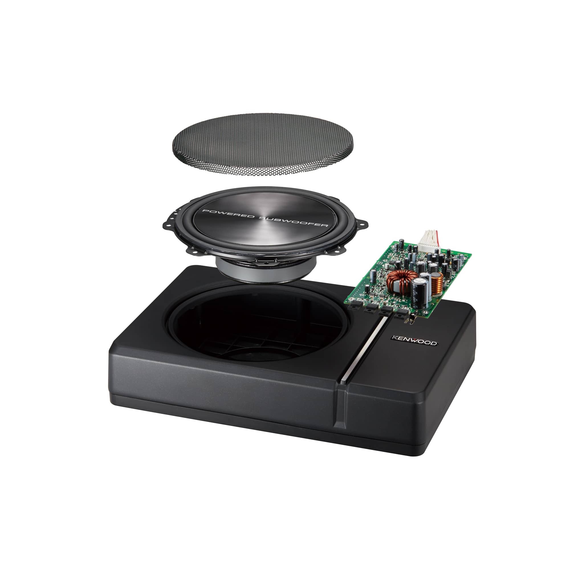 Left. Kenwood - Compact 8" Subwoofer with Enclosure and integrated 250W Amplifier - Black.