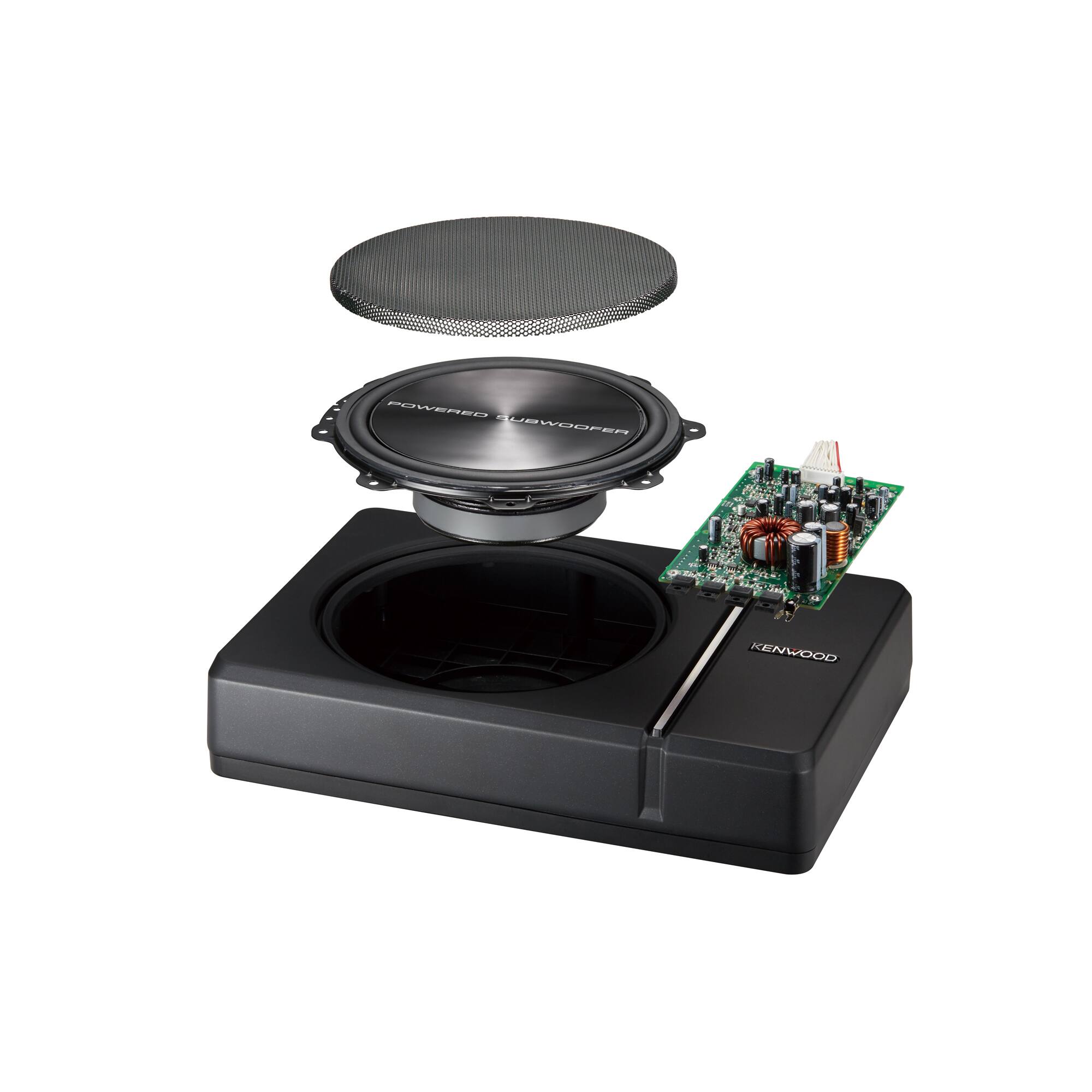 Left. Kenwood - Compact 8" Subwoofer with Enclosure and integrated 250W Amplifier - Black.