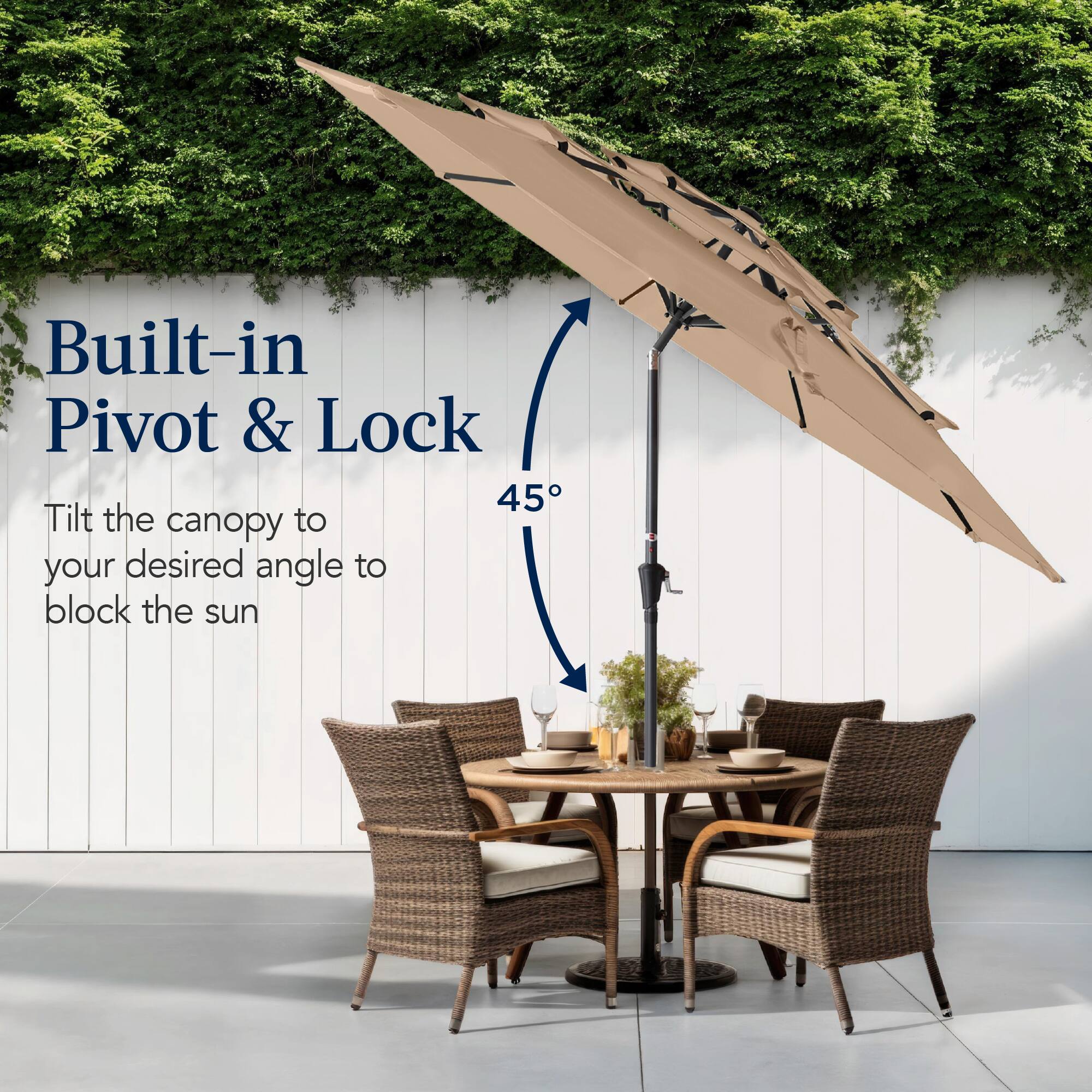 Built-in Pivot & Lock

Tilt the canopy to your desired angle to block the sun.