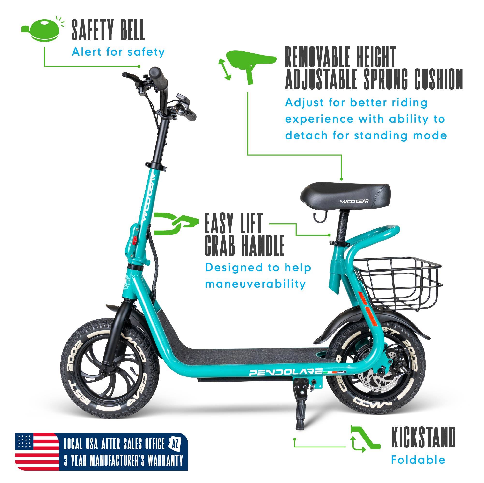 SAFETY BELL  
Alert for safety  

REMOVABLE HEIGHT ADJUSTABLE SPRUNG CUSHION  
Adjust for better riding experience with ability to detach for standing mode  

EASY LIFT GRAB HANDLE  
Designed to help maneuverability  

KICKSTAND  
Foldable  

LOCAL USA AFTER SALES OFFICE  
3 YEAR MANUFACTURER'S WARRANTY