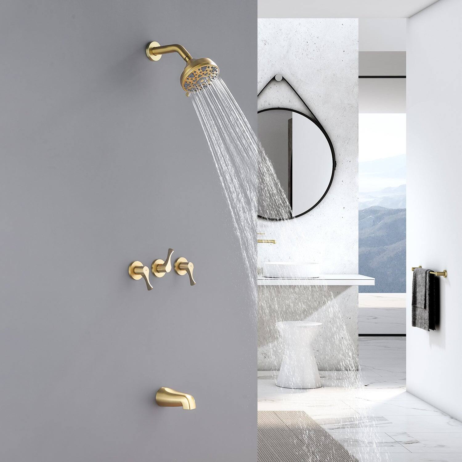 Alt View 3. Boyel Living - Brushed Gold Shower Set with 6 Function ABS Overhead Shower Three Handle Control and High Flow Tub Spout - Brushed Gold.