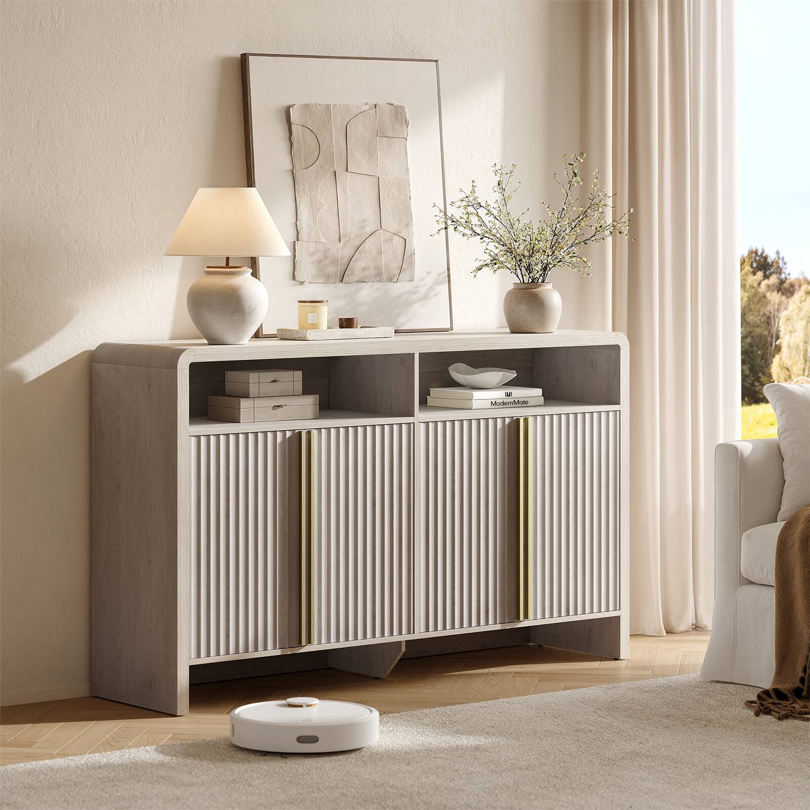 Angle. ModernMate - 59.1" Modern Fluted Sideboard Cabinet, Curved 4-Door Credenza Accent Cabinet with Open Shelf - White Alder.