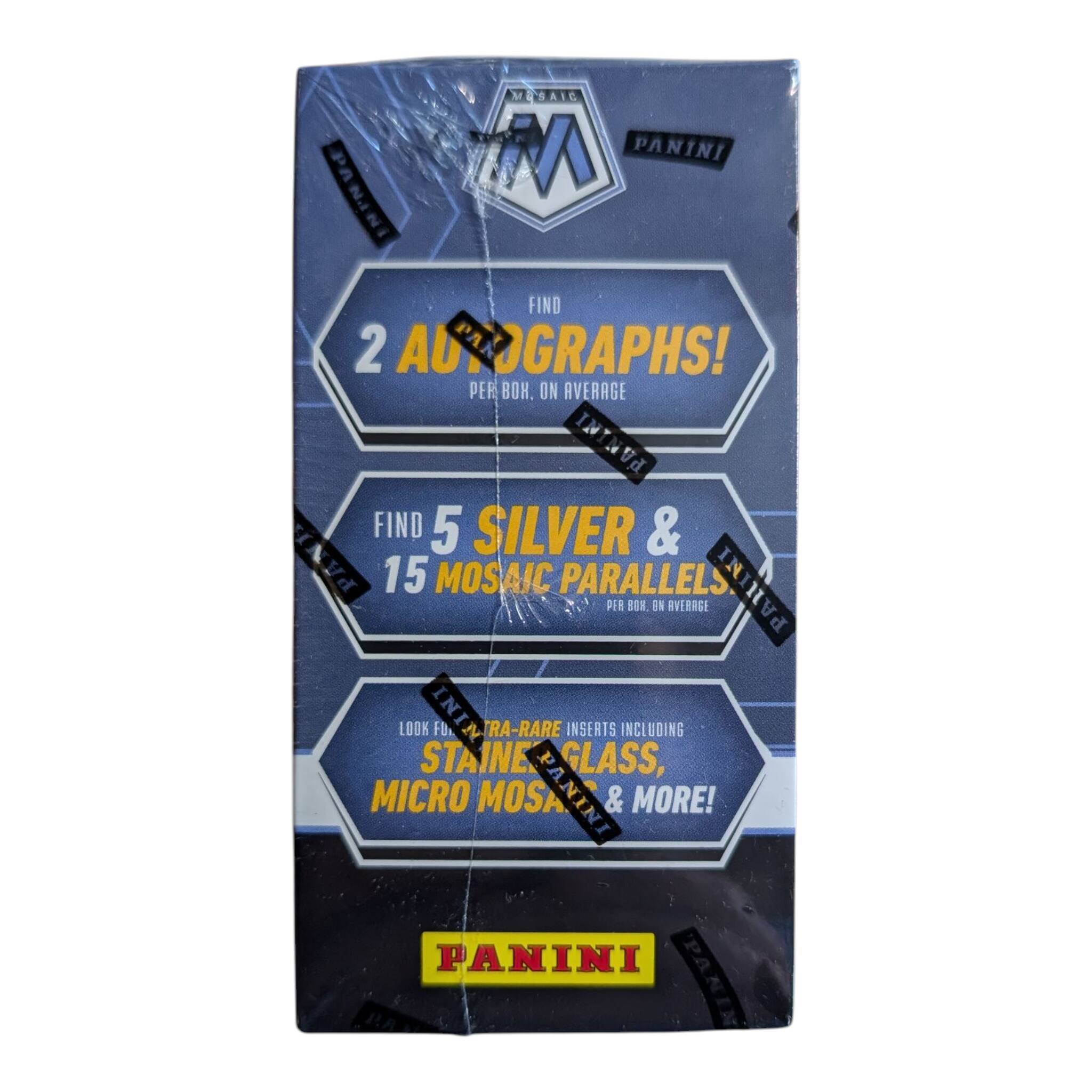 Sure, here is the corrected and grouped text from the image:

---

**Mosaic**

**Panini**

**Find 2 Autographs!**  
*Per Box, On Average*

**Find 5 Silver & 15 Mosaic Parallels**  
*Per Box, On Average*

**Look for Ultra-Rare Inserts Including Stained Glass, Micro Mosaic & More!**

**Panini**

---