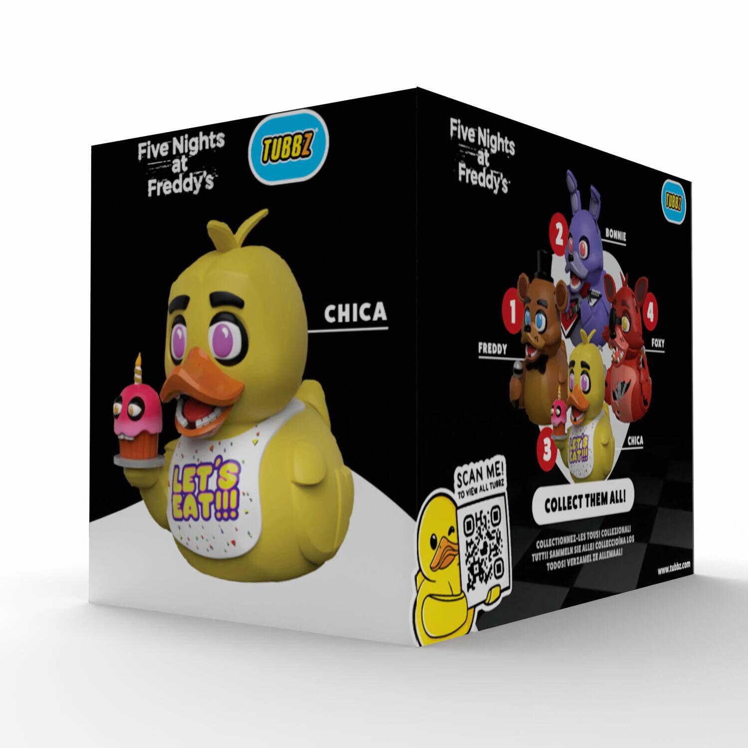 Five Nights at Freddy's TUBBZ, Five Nights at Freddy's 2, DONNIEL TIRO, CHICA 1, FREDDY T, 4, FORT, LET'S EAT!!!, SCAN ME! ALL 2MN, FEW an CHICA 3, ZATH, COLLECT THEM ALL, 700 COLLEZIONALL, COLLOCTIONNES, COLLECCIONA, SAMMILR, ALLD, TUTTO, VERZAMIS, 1, ALLEMAALI, 1ODOS! nowadcom