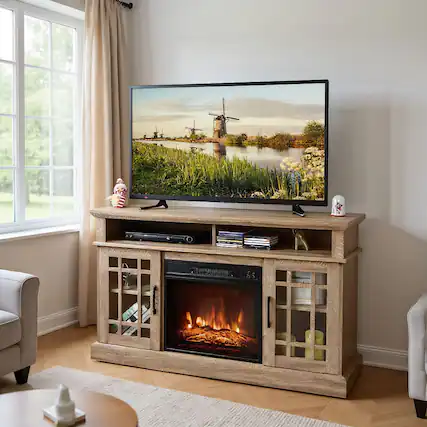 Front. Kadyn - Entertainment Centers,TV Stands,48 Inch Electric Fireplace TV Stand with Cabinets for TVs Up to 55 Inch-Natural - Brown.