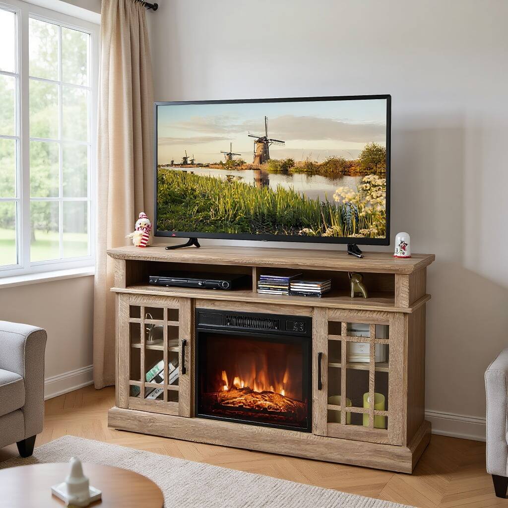 Front. Kadyn - Entertainment Centers,TV Stands,48 Inch Electric Fireplace TV Stand with Cabinets for TVs Up to 55 Inch-Natural - Brown.