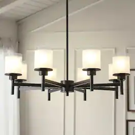 Loheer - Eight Light Farmhouse Chandelier Matte Black Metal Frosted Glass for Dining Room