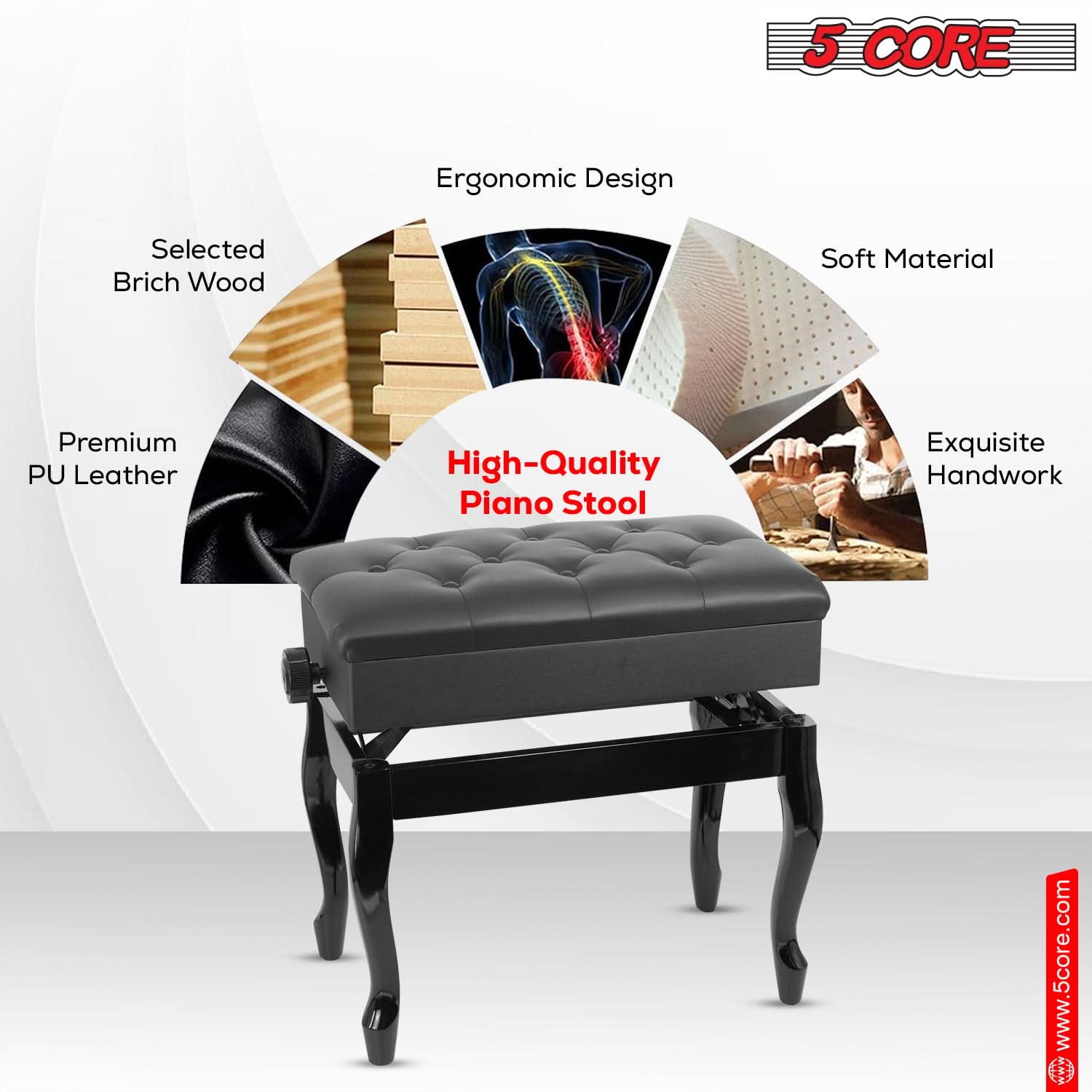5 CORE, High-Quality Piano Stool, Ergonomic Design, Selected Brich Wood, Premium PU Leather, Soft Material, Exquisite Handwork, www.5core.com