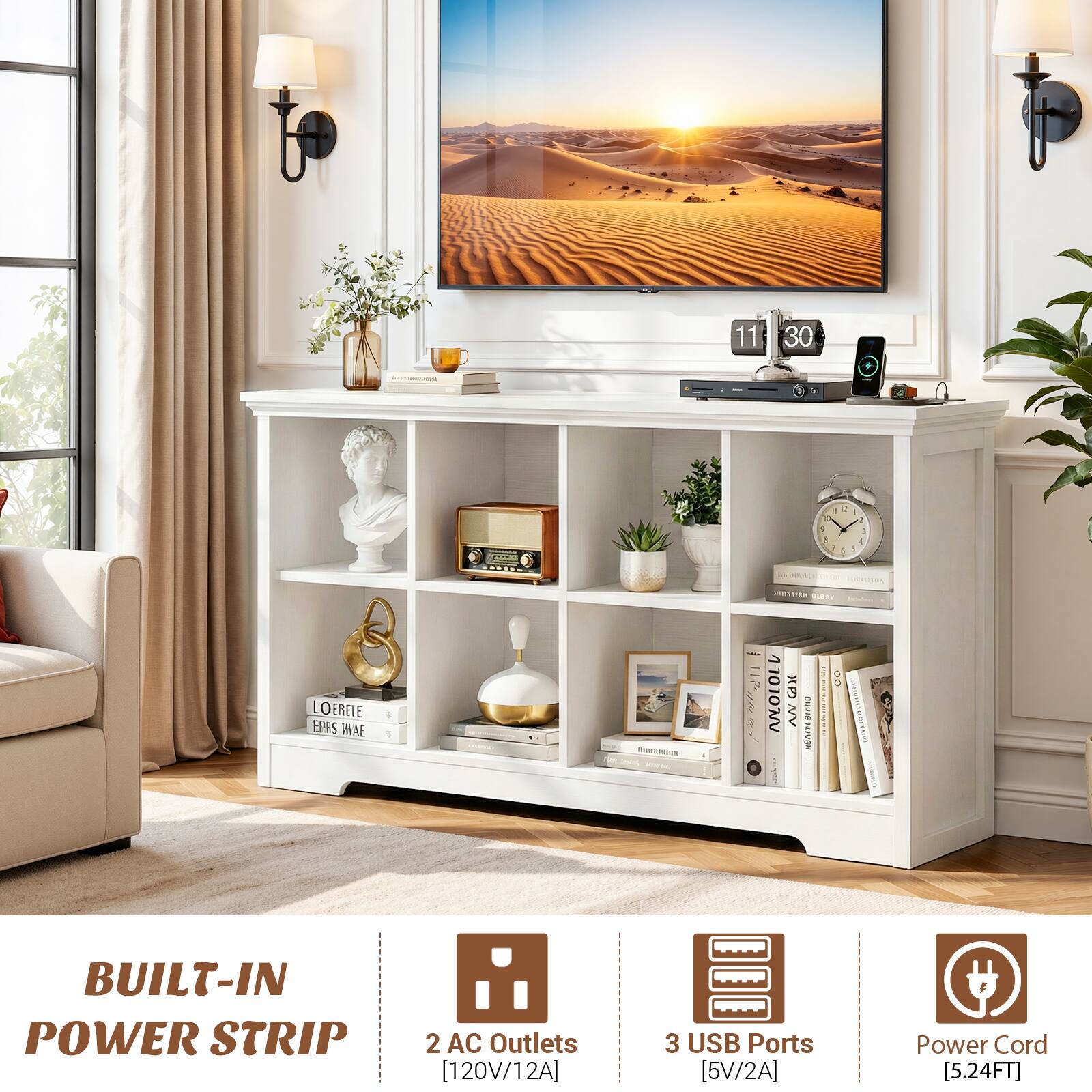 11 30 + - - 1 3 1 I - - a - - .. CLc - OETOEL Sa LOEREIE EPBS WAE TS - L 11% XP 11010MV NV ar. DUV UA 11 6 8 I TT BUILT-IN POWER STRIP 2 AC Outlets [120V/12A] 3 USB Ports [5V/2A] Power Cord [5.24FT]