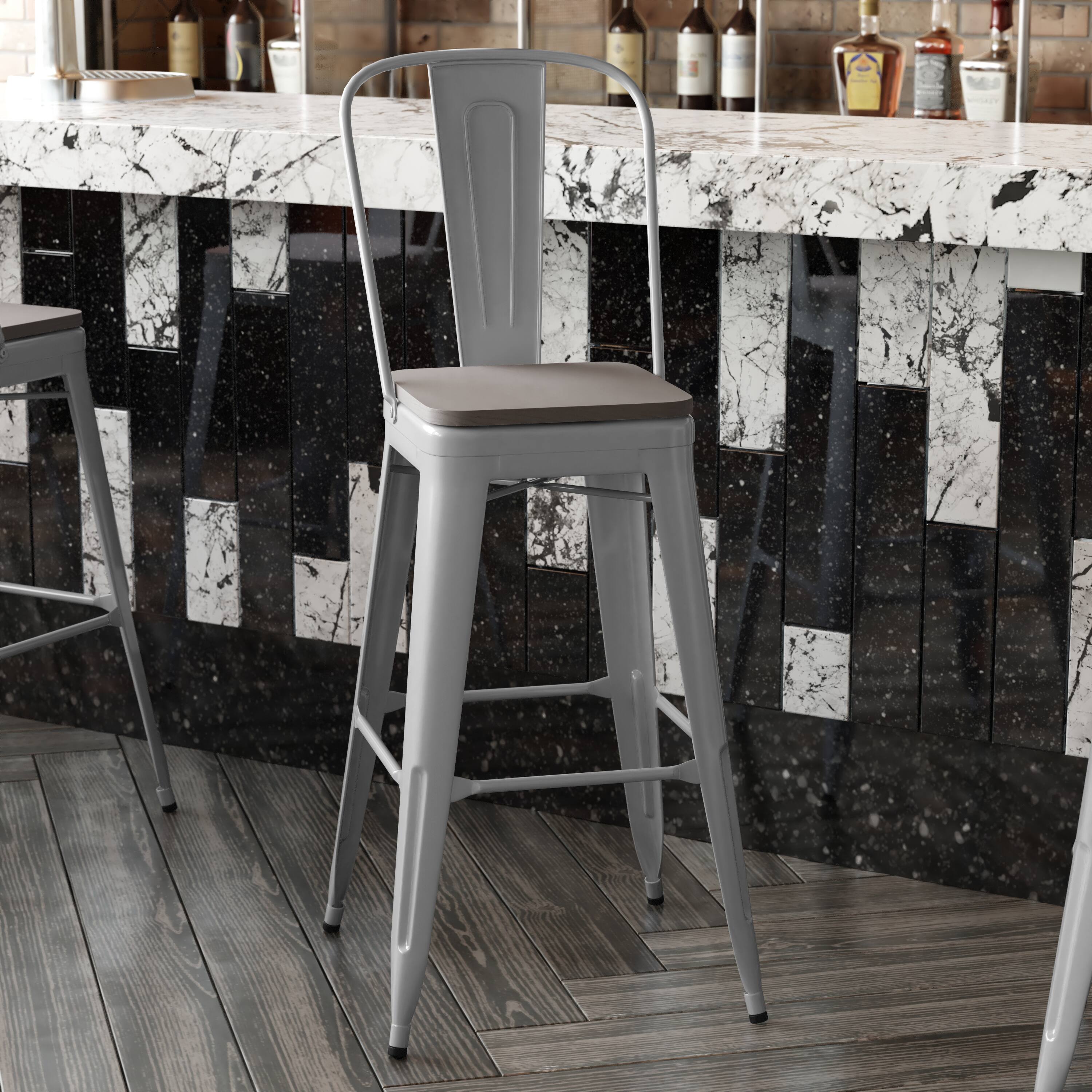 Alt View 4. Emma + Oliver - Kam Metal Indoor-Outdoor Stool with Removable Back and All-Weather Polystyrene Seat - Gray Seat/Silver Frame.