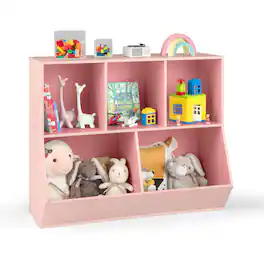 Costway - 5-Cubby Kids Toy Storage Organizer Wooden Bookshelf Display Cabinet - Pink