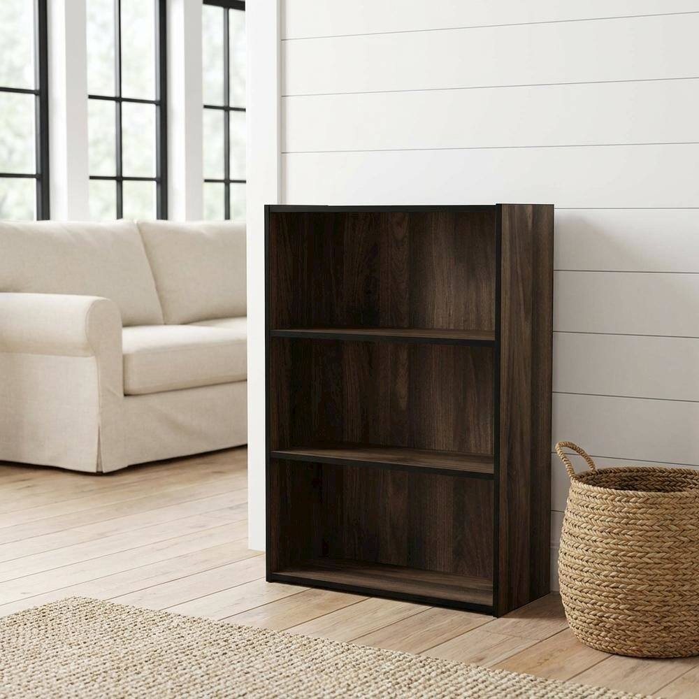 Angle. FurniFact - Engineered Wood 3 Tier Open Shelf Bookcase in Columbia Walnut with Ample Storage - Columbia Walnut.