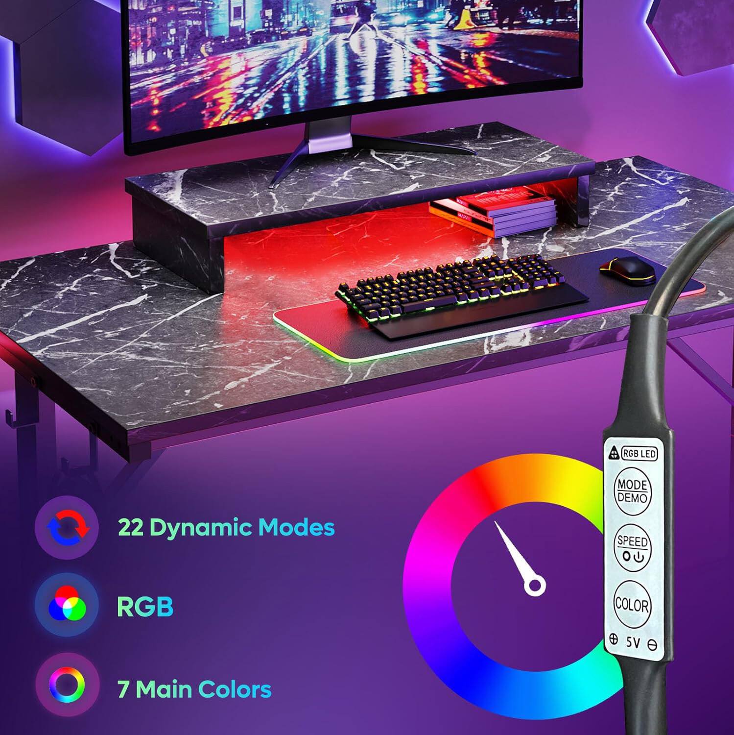 RGB LED  
22 Dynamic Modes  
RGB  
7 Main Colors  

MODE DEMO  
SPEED  
COLOR  
5V