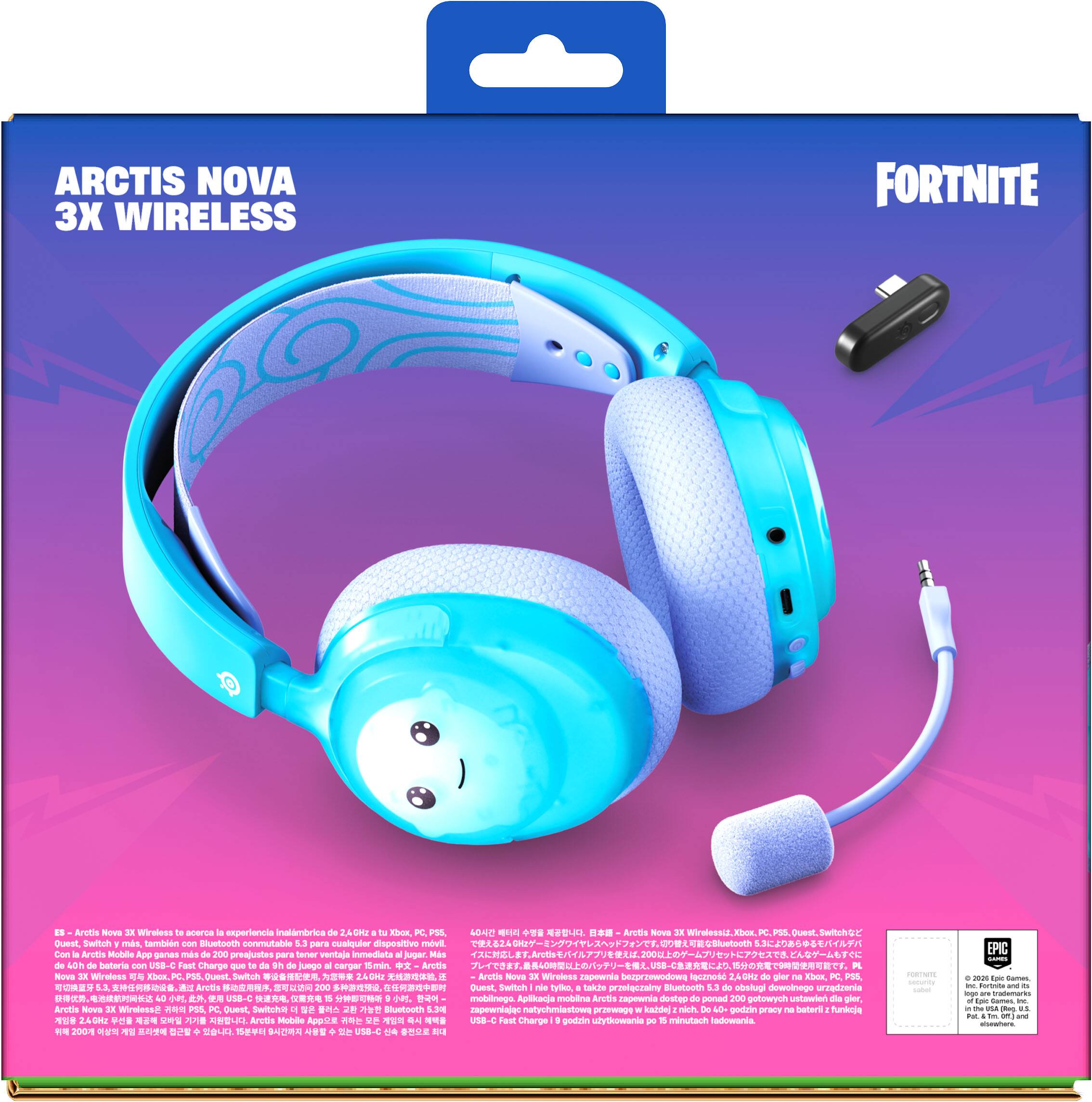 ARCTIS NOVA 3X WIRELESS  
FORTNITE  

Arctis Nova 3X Wireless to acerca la experiencia inalámbrica de 2,4GHz a tu Xbox, PS5, PS4, Nintendo Switch, y más, también con Bluetooth conmutable 5.3 para cualquier dispositivo móvil. Con la Arctis Mobile App ganas más de 200 preajustes para tener ventaja inmediata. Más de 40h de batería con USB-C Fast Charge que te da 9h de juego al cargar 15min.  

Arctis FL Nova 3X Wireless Quest, Switch  

Arctis Nova IX Wireless zapewnia bezprzewodową łączność do gier na Xbox, PS5, PS4, Quest, Switch i więcej, także przelaczalny Bluetooth 5.3 do obsługi dowolnych urządzeń. Aplikacja mobilna Arctis zapewnia dostęp do ponad 200 gotowych ustawień dla gier.  

Apple Fast Charge godzin użycia po 15 minutach ładowania.  

9h
