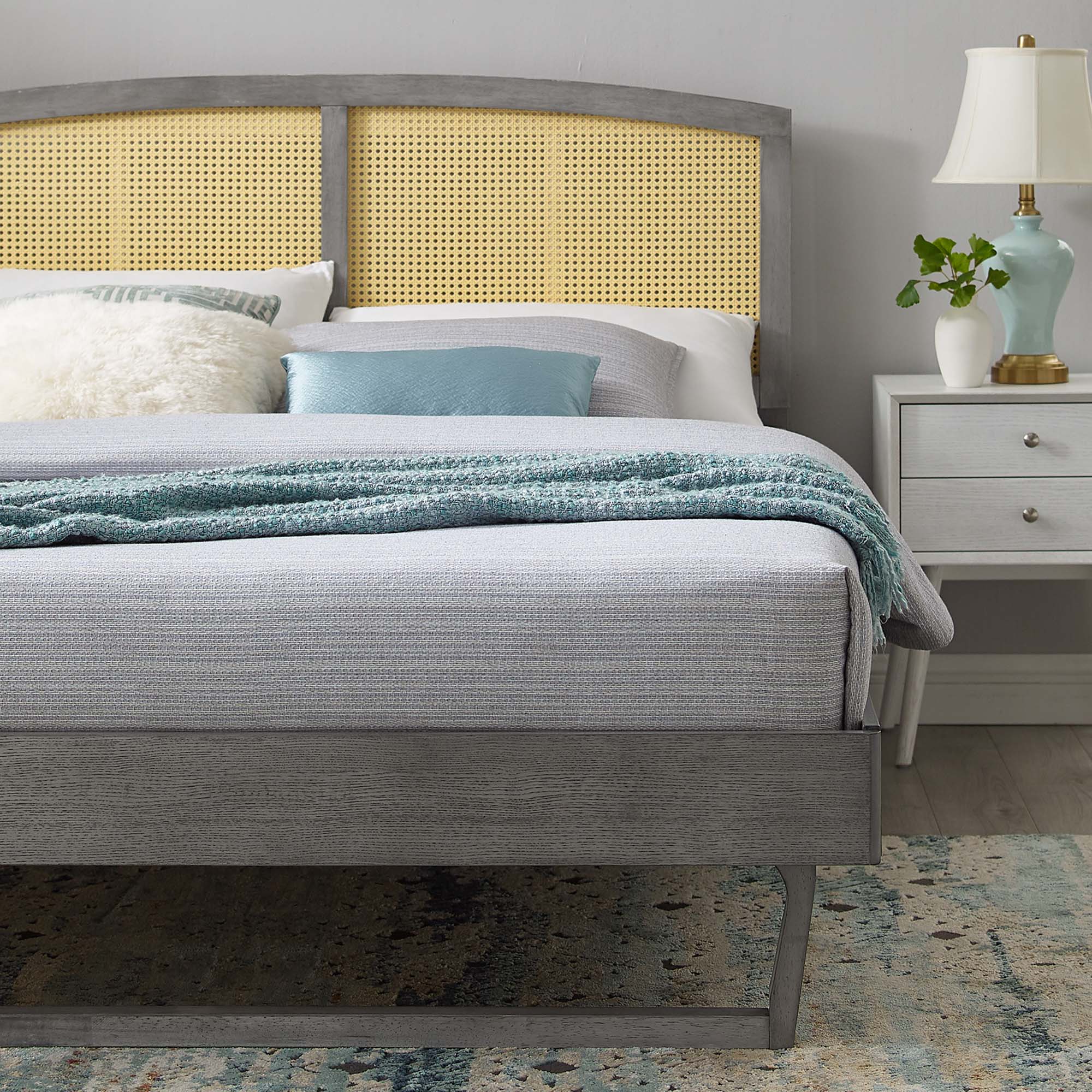 Back. Modway - Sierra Cane and Wood Platform Bed With Angular Legs - Gray.
