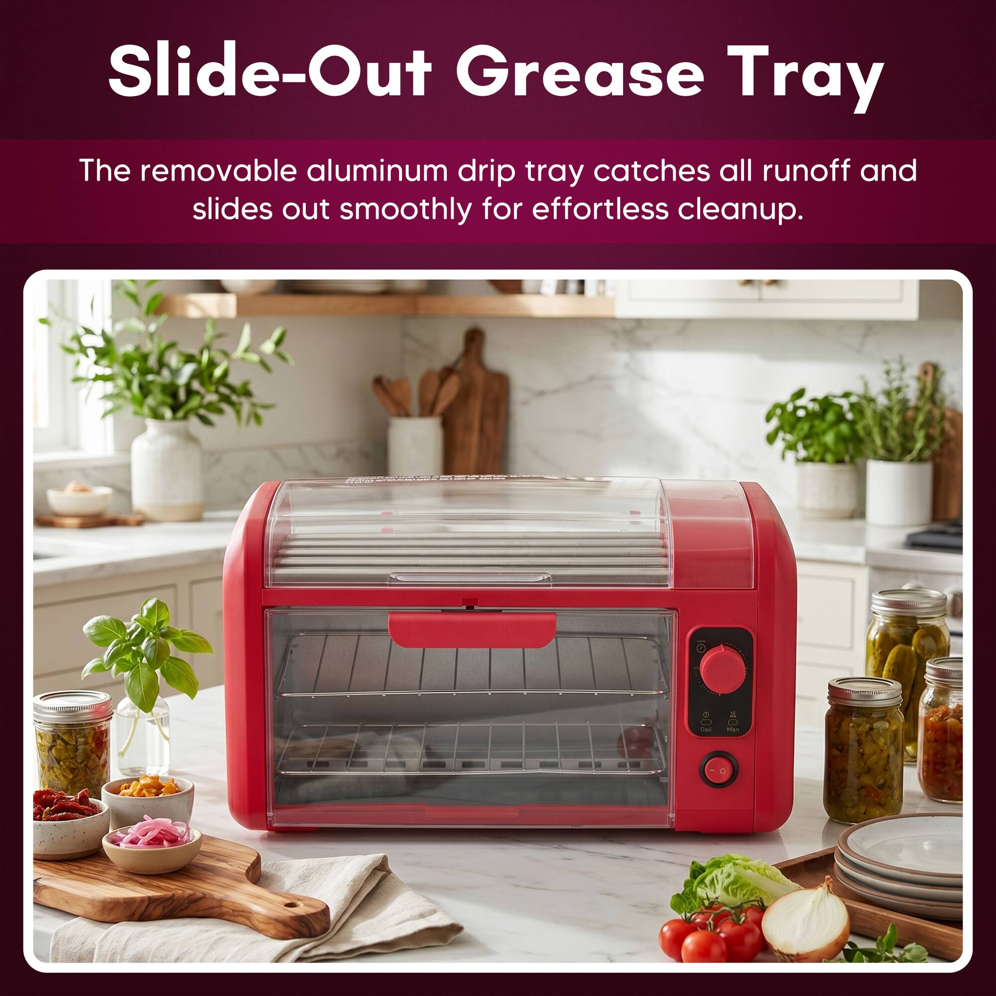 Slide-Out Grease Tray

The removable aluminum drip tray catches all runoff and slides out smoothly for effortless cleanup.
