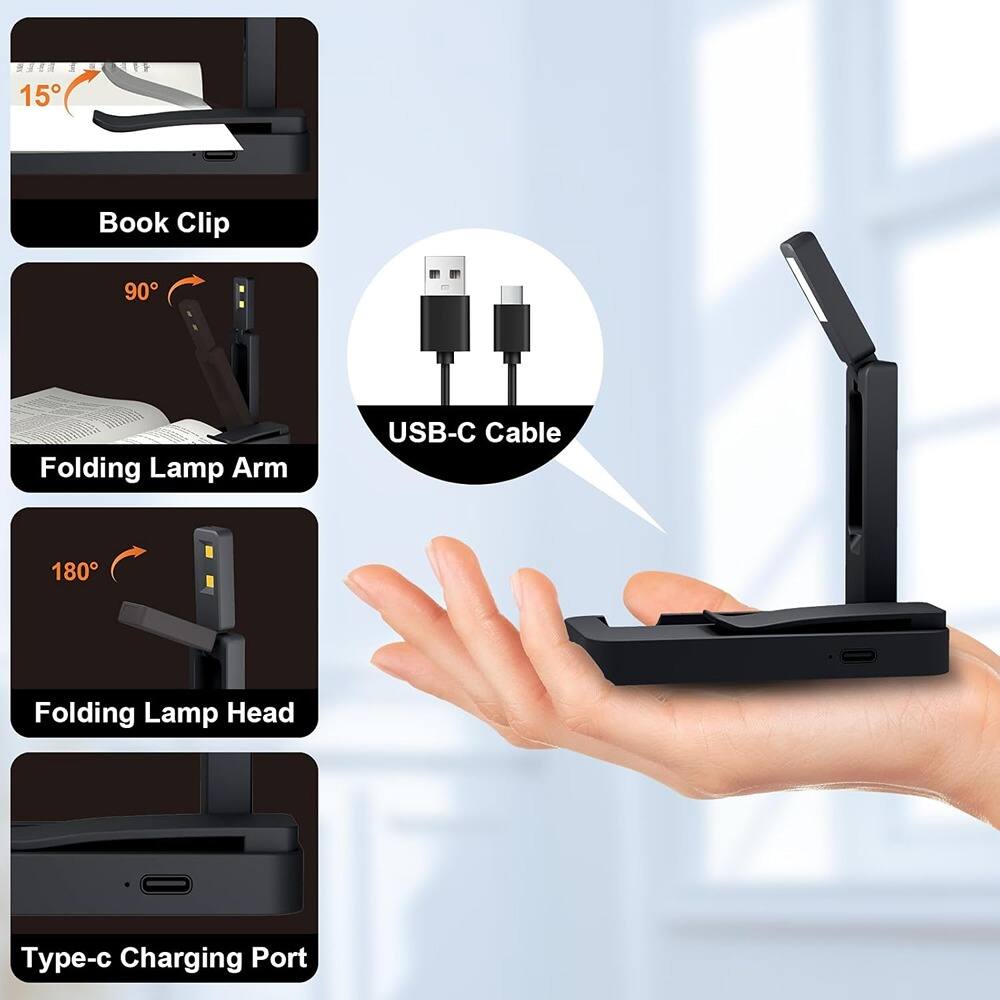 - Book Clip
- Folding Lamp Arm
- USB-C Cable
- Folding Lamp Head
- Type-C Charging Port