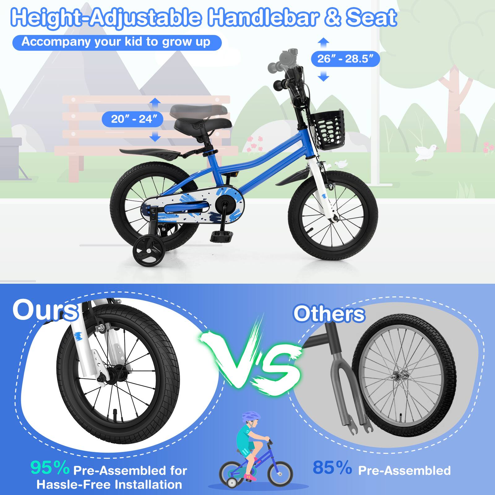 Height-Adjustable Handlebar & Seat  
Accompany your kid to grow up  

20" - 24"  
26" - 28.5"  

Ours  
95% Pre-Assembled for Hassle-Free Installation  

Others  
85% Pre-Assembled