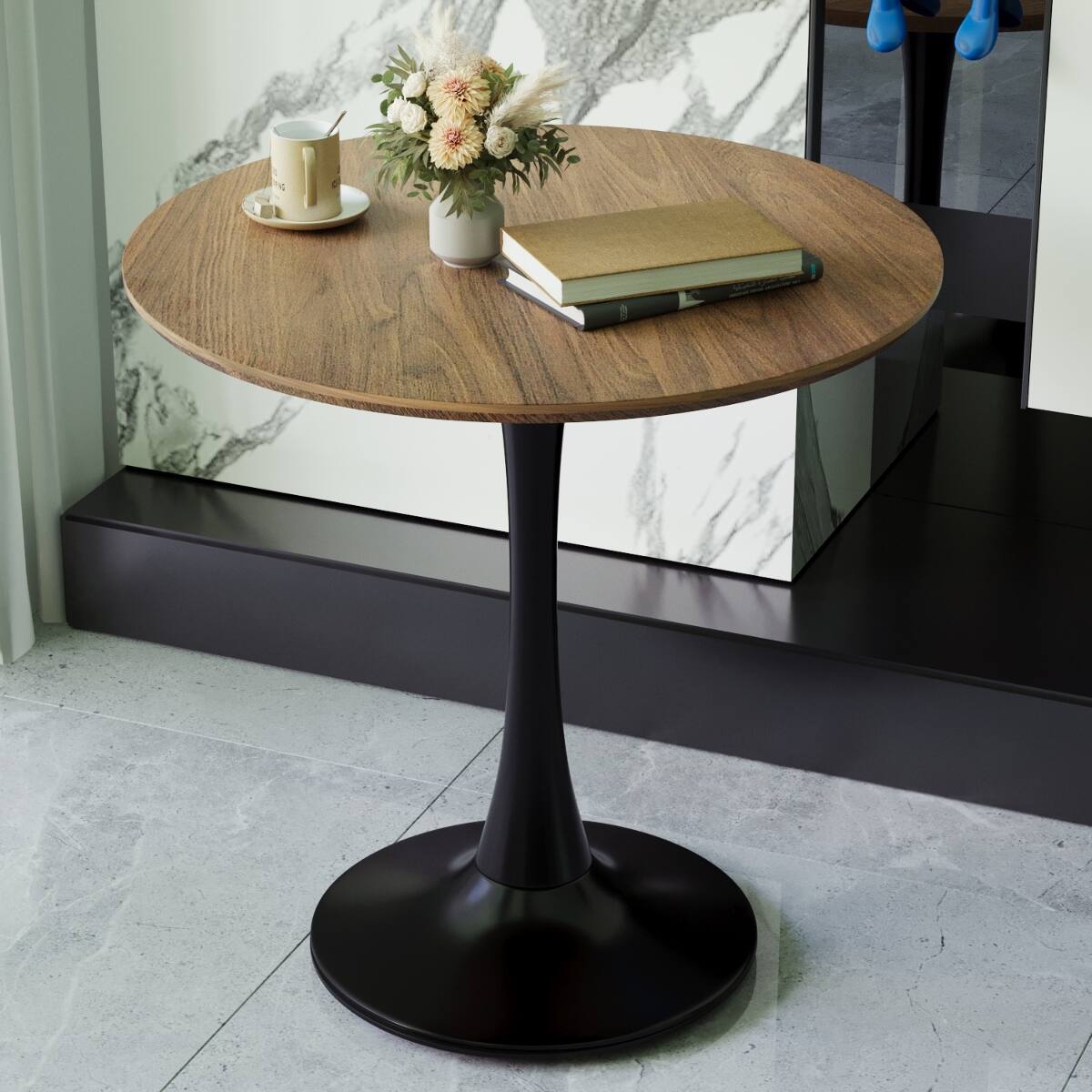 Back. Loheer - Loheer Walnut Round Dining Table, Tulip Pedestal Base, 31.5 Inch Mid-Century Kitchen Table - Walnut and black.