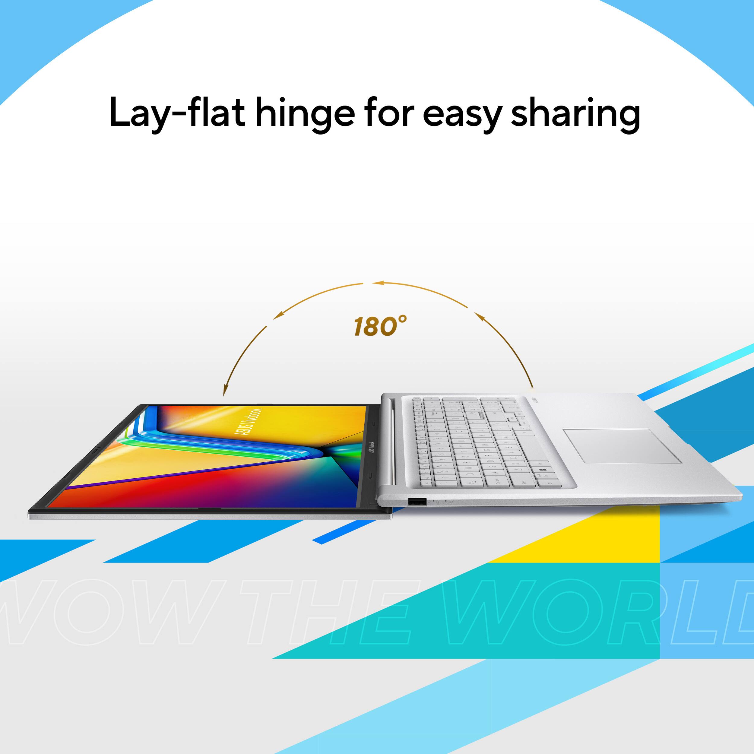 Lay-flat hinge for easy sharing. 180 degrees. 55hda 59 1 L. VOW THE WORLD.