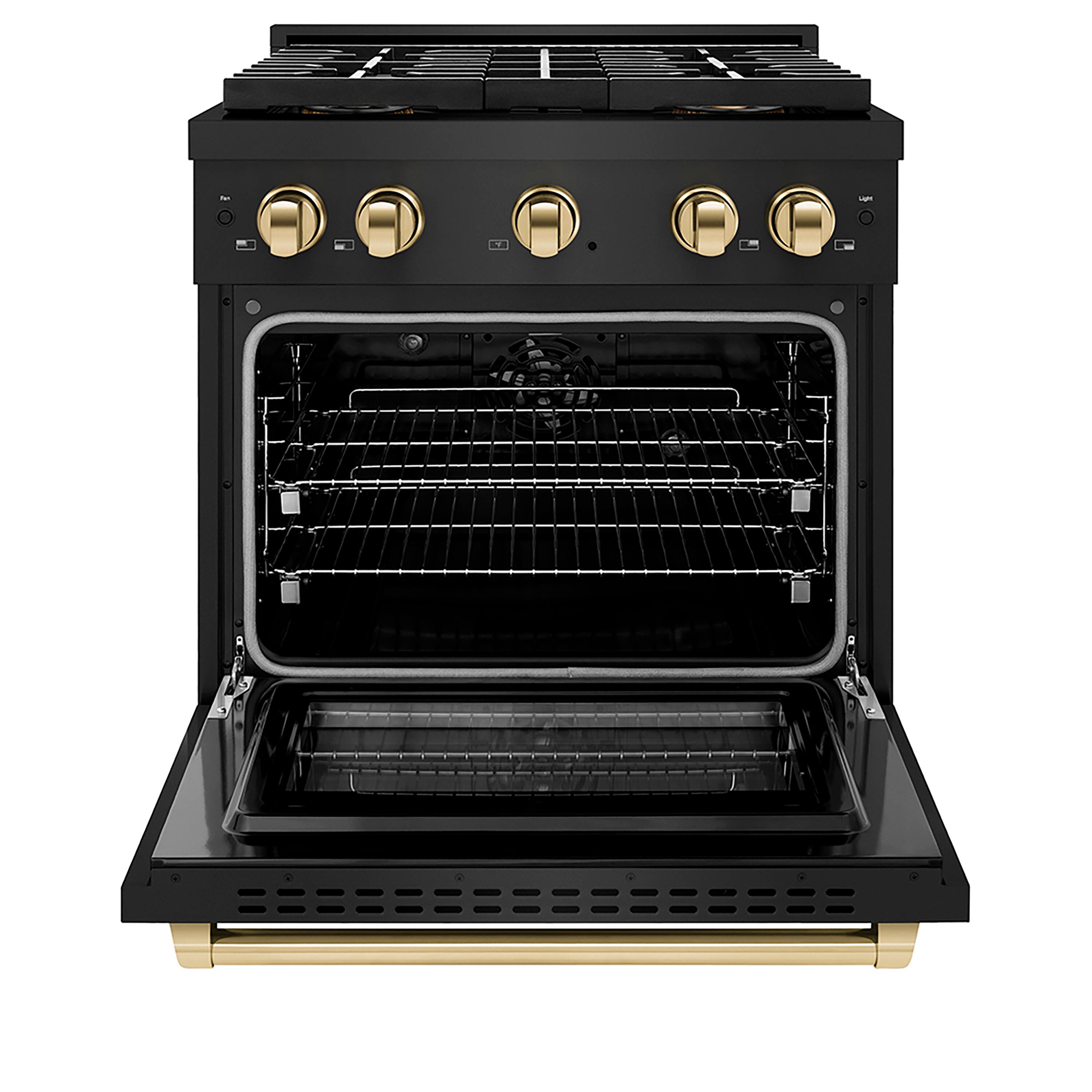 Angle. ZLINE - Autograph 30 in. 4.2 cu. ft. Paramount Dual Fuel Freestanding Range w/ DuoPro Cooktop in Black Steel & Gold Accents - Black Stainless Steel.