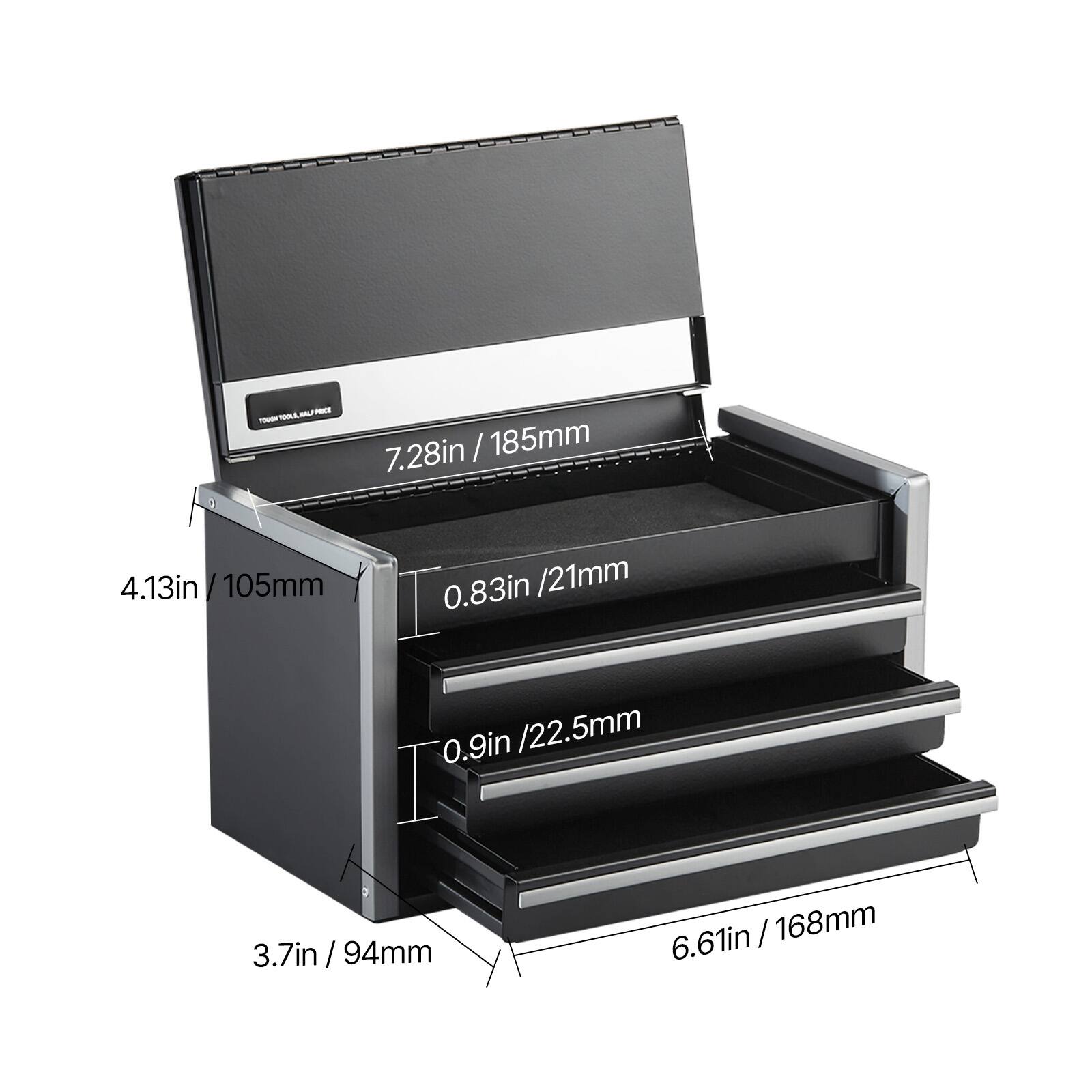 - 7.28in / 185mm
- 4.13in / 105mm
- 0.83in / 21mm
- 0.9in / 22.5mm
- 3.7in / 94mm
- 6.61in / 168mm