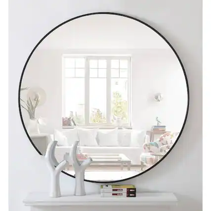 Front. Hivvago - Round 32-inch Wall Mirror in Black - Bedroom Living Room Accent Bathroom Mirror - Black.