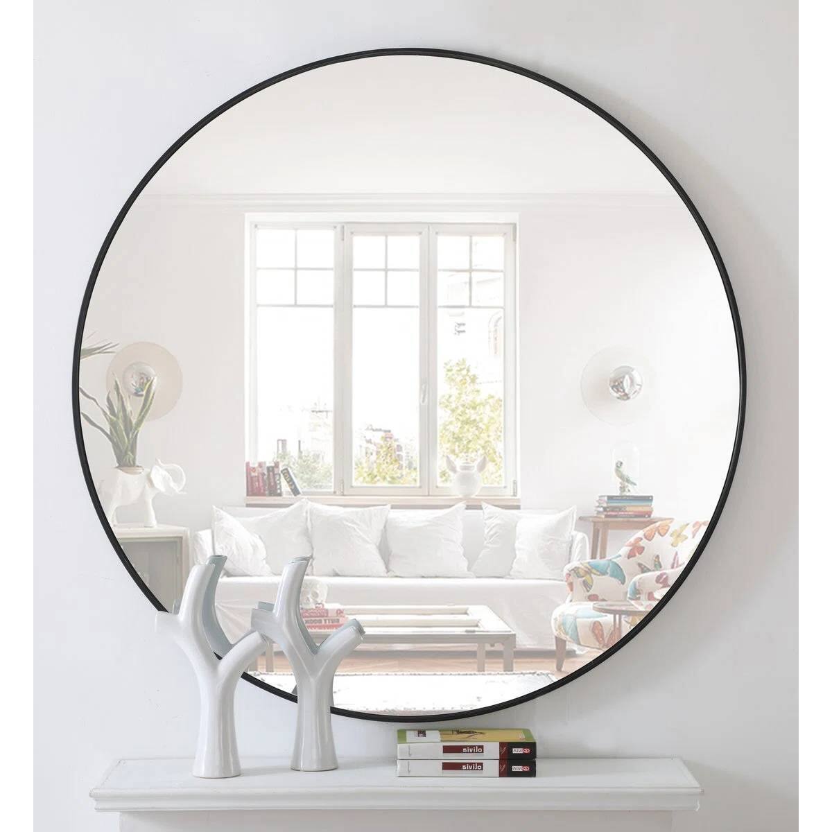 Front. Hivvago - Round 32-inch Wall Mirror in Black - Bedroom Living Room Accent Bathroom Mirror - Black.