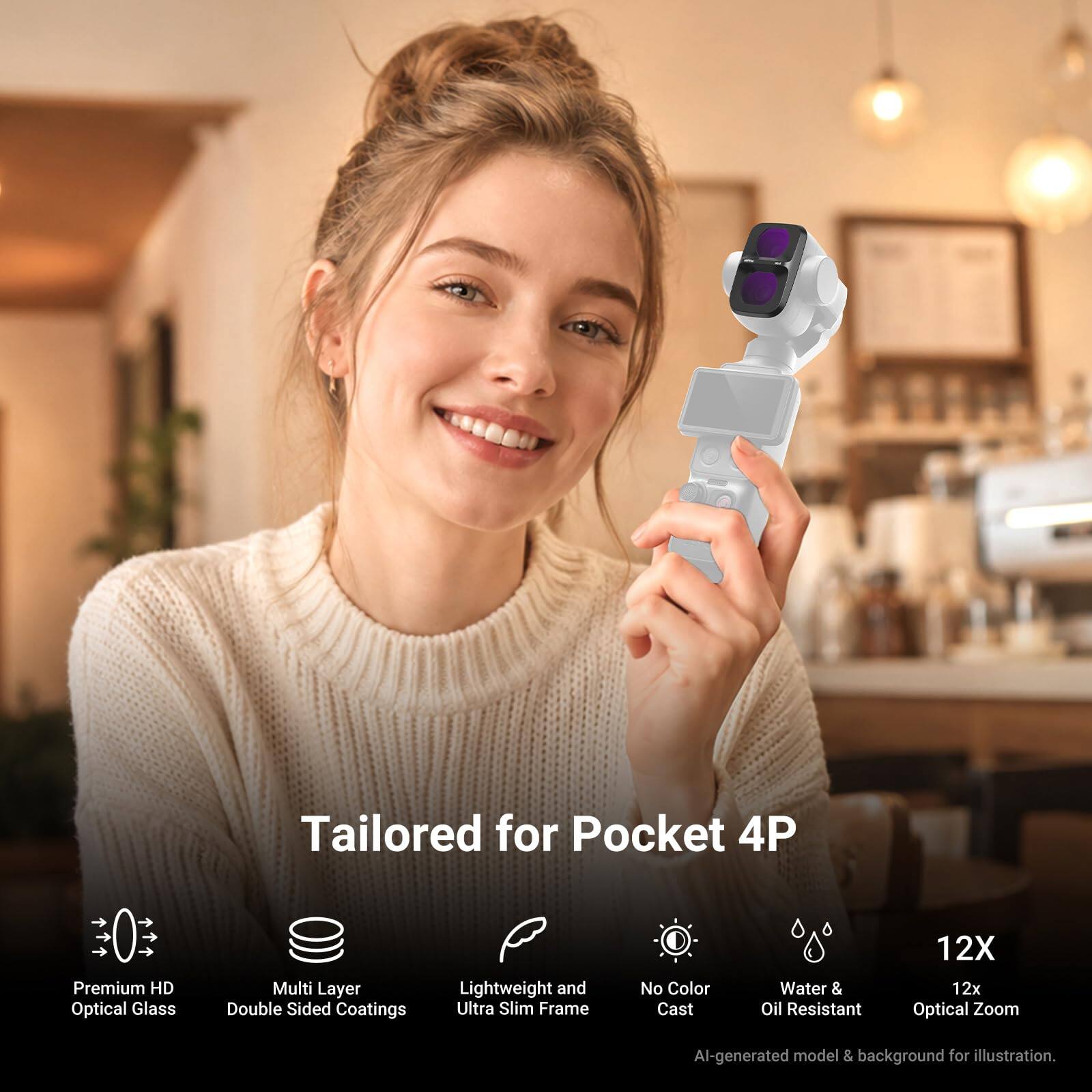 Tailored for Pocket 4P

Premium HD Optical Glass
Multi Layer Double Sided Coatings
Lightweight and Ultra Slim Frame
No Color Cast
Water & Oil Resistant
12X Optical Zoom

AI-generated model & background for illustration.
