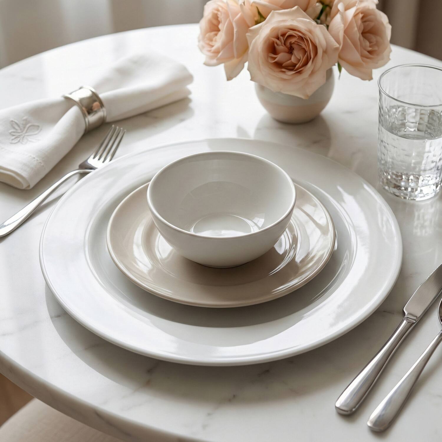 Left. American Atelier - White Round Charger Plates 12-Piece Set 13" - White.