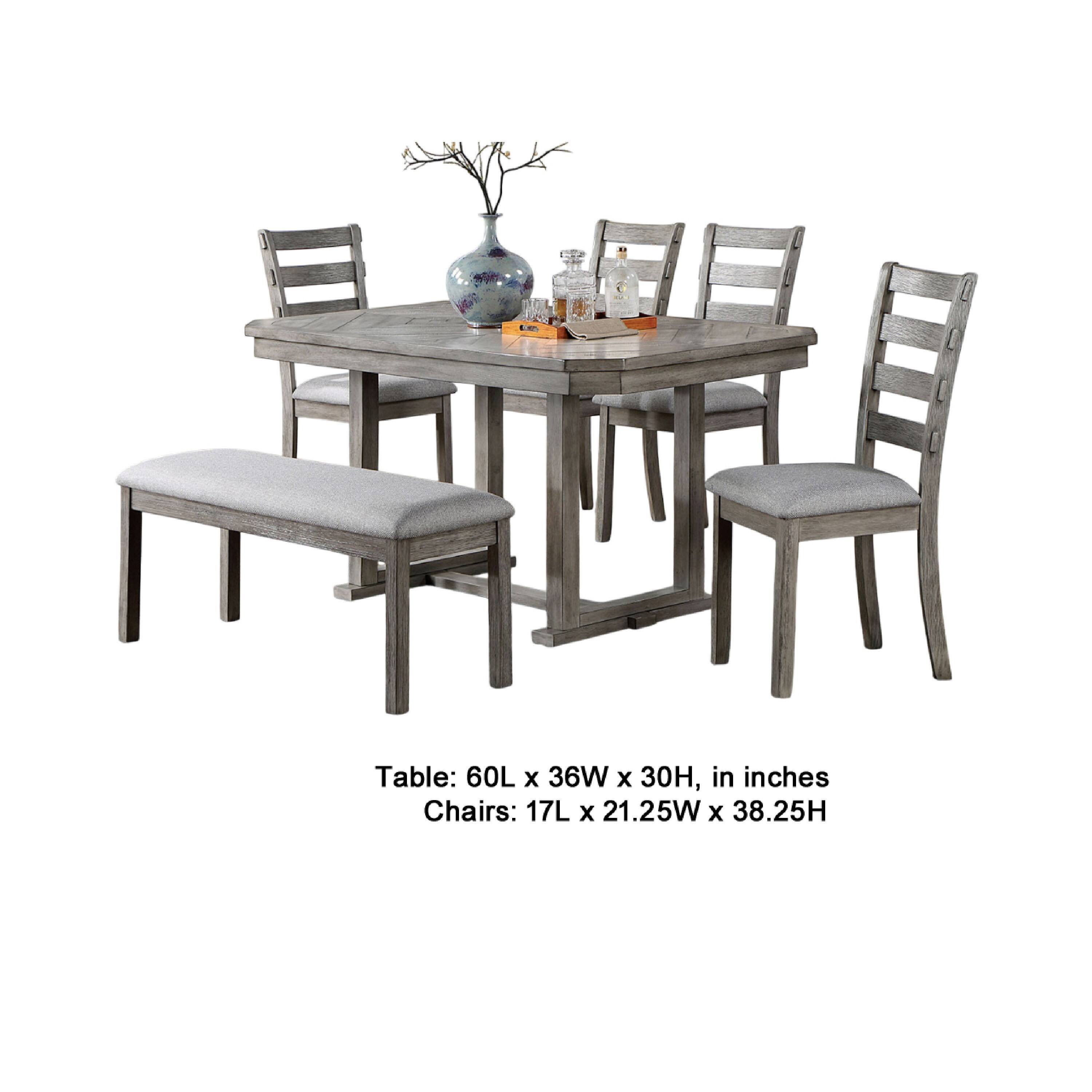 Table: 60L x 36W x 30H, in inches  
Chairs: 17L x 21.25W x 38.25H