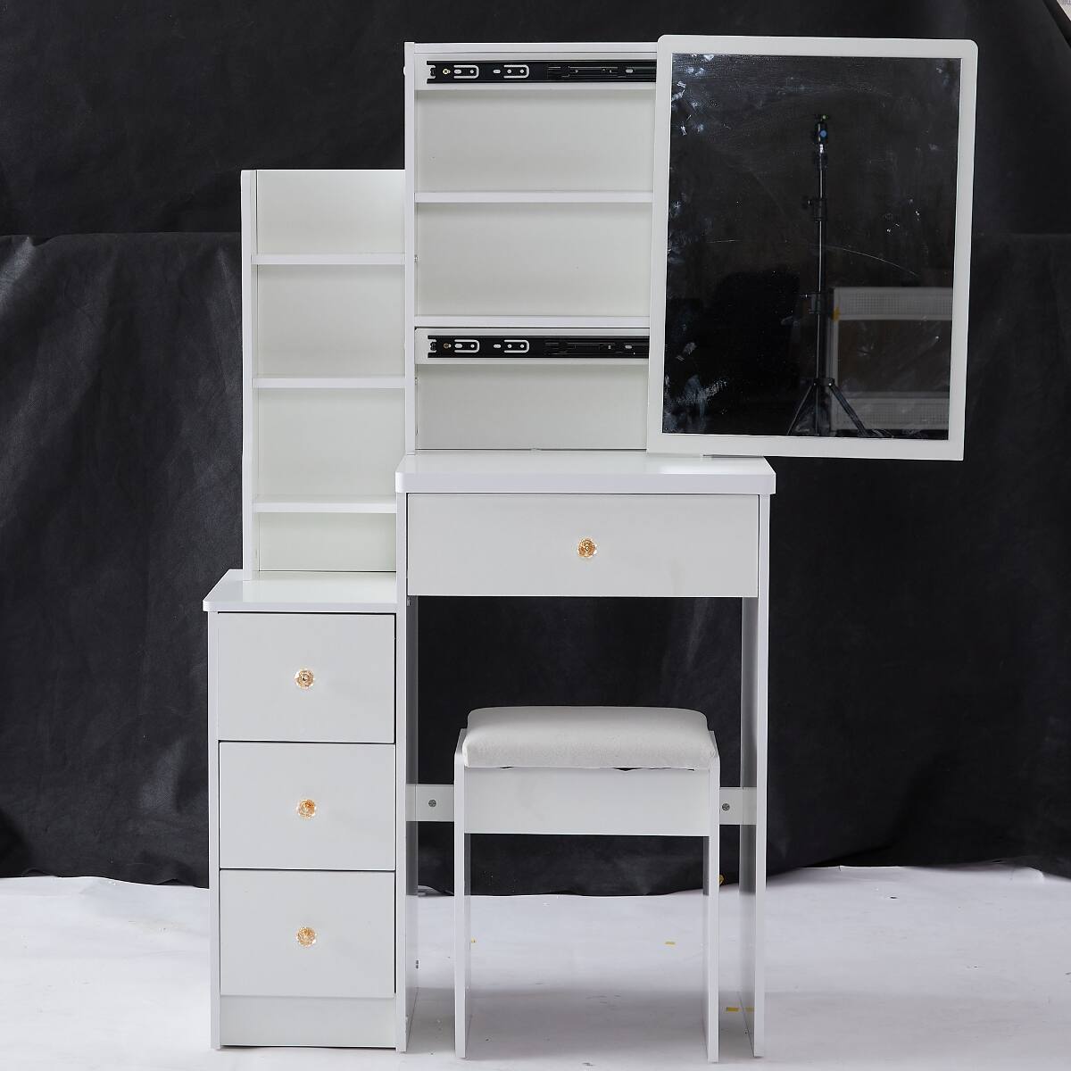 Alt View 1. Loheer - Loheer Small Space Vanity Table with Extra Large Sliding Mirror and Padded Stool, White - White.