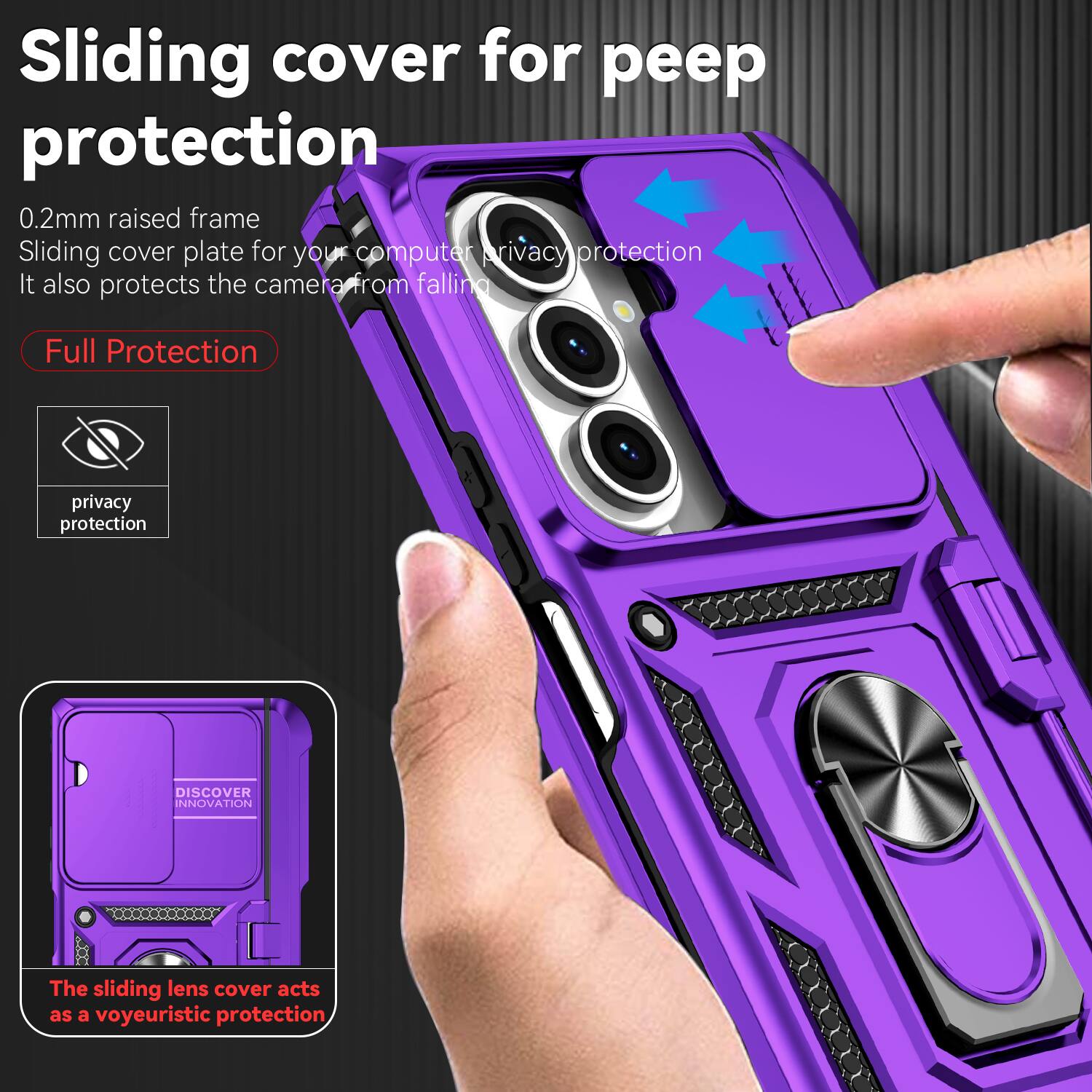 Sliding cover for peep protection  
0.2mm raised frame  
Sliding cover plate for your computer privacy protection  
It also protects the camera from falling  

Full Protection  

privacy protection  

The sliding lens cover acts as a voyeuristic protection  

DISCOVER INNOVATION