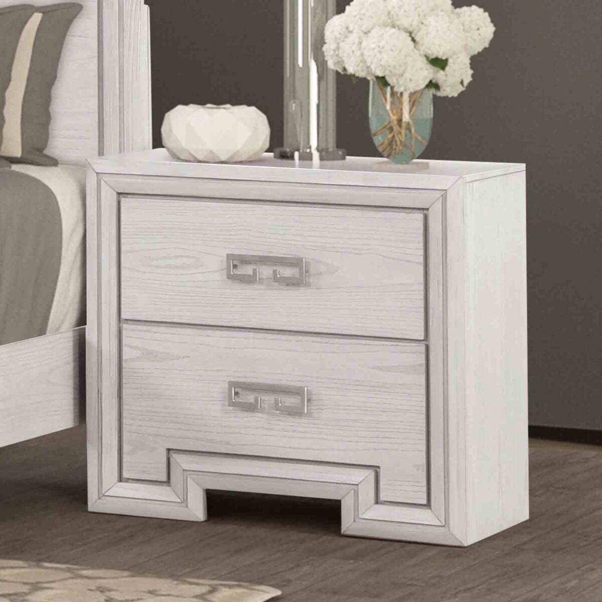 Alt View 6. Loheer - Loheer Rustic White Nightstand with USB Ports and Two Drawers - Rustic White.