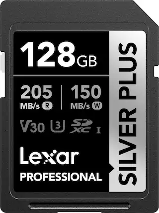 128GB
205 MB/s R
150 MB/s W
V30
U3
XC I
Lexar Professional
Silver Plus