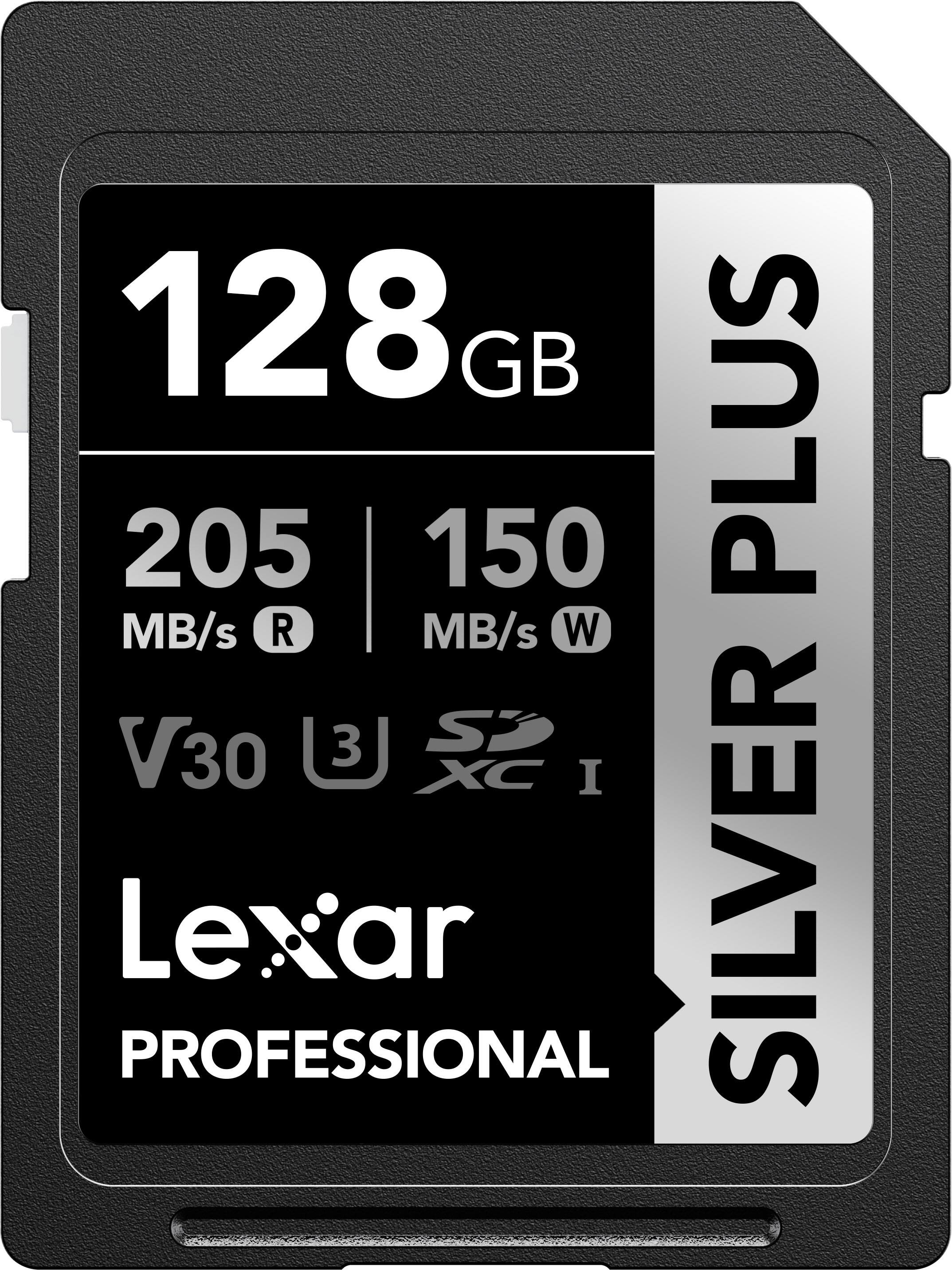 128GB  
205 MB/s R  
150 MB/s W  
V30  
U3  
XC I  
Lexar Professional  
Silver Plus