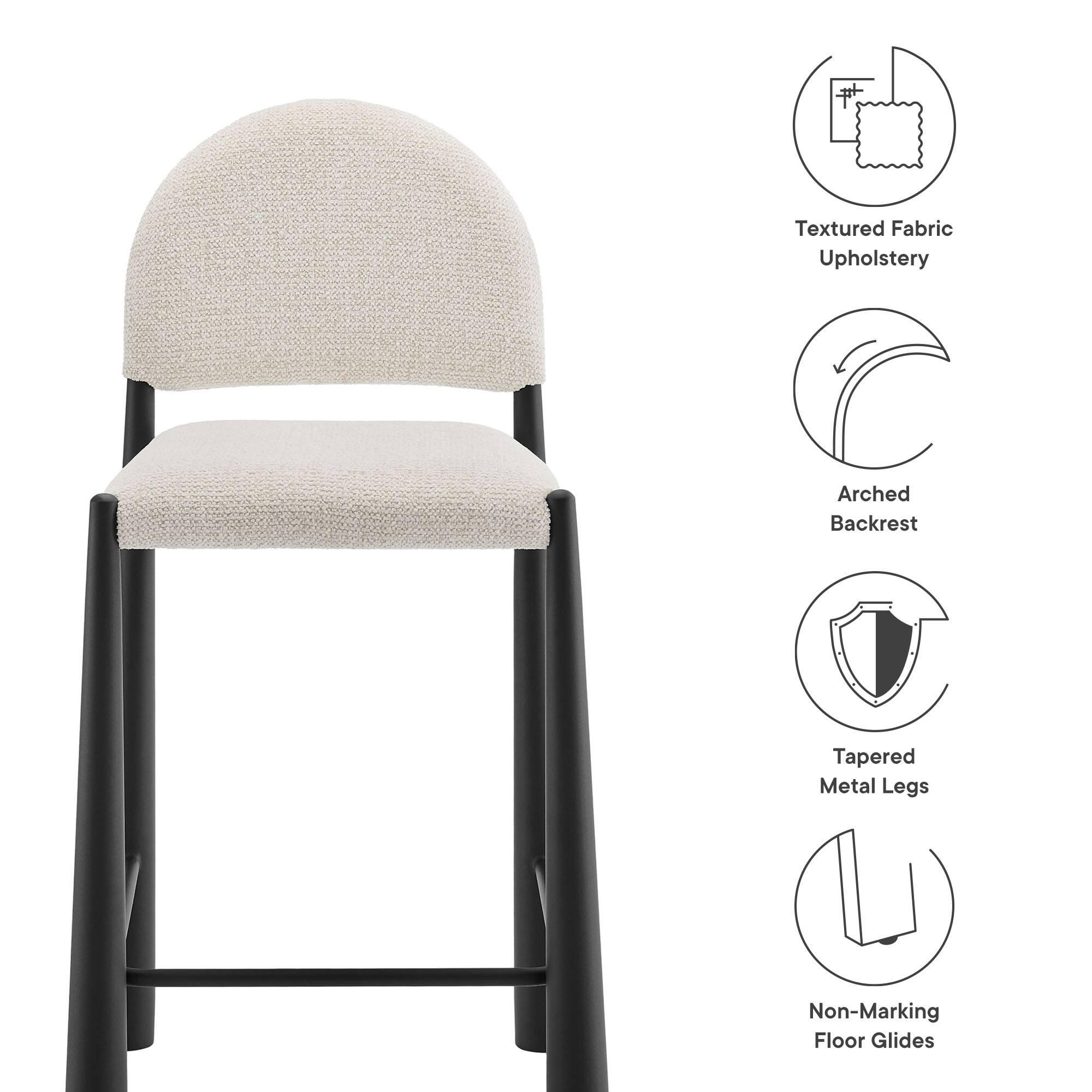 - Textured Fabric Upholstery
- Arched Backrest
- Tapered Metal Legs
- Non-Marking Floor Glides