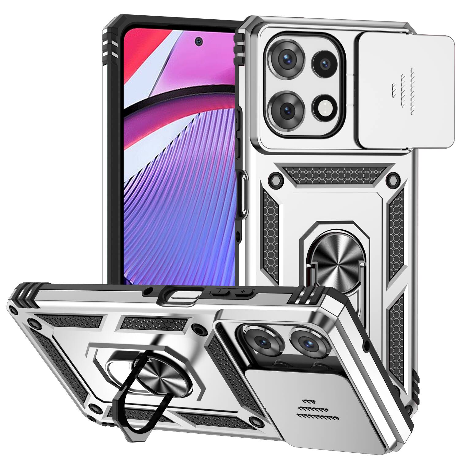 Left. UUCOVER - Shockproof Case for Motorola G Power 5G (2025) Slide Camera Cover Ring Stand TPU+PC Rugged Protective Back Case - Silver.