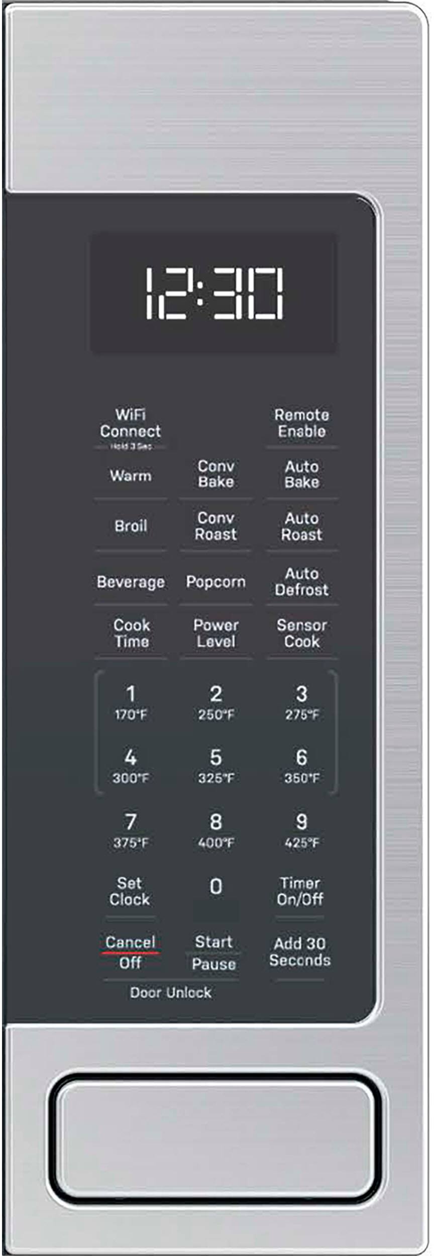 The text on the image reads:

12:30 WiFi Connect Hold 3 Ses Warm Conv Bake Remote Enable Auto Bake Broil Conv Roast Auto Roast Auto Beverage Popcorn Defrost Cook Time Power Level Sensor Cook 1 170F 2 250F 3 275F 4 300F 5 325F 6 350F 7 375F 8 400F 9 425F Set Clock 0 Timer On/Off Cancel Off Start Pause Add 30 Seconds Door Unlock