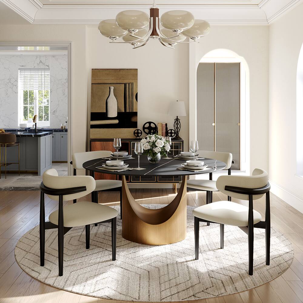 Alt View 8. POVISON - 51" Round Black Matte Sintered Stone Dining Table with Bronze U-shaped Steel Base - Black Matte Sintered Stone with Bronze Steel Base.