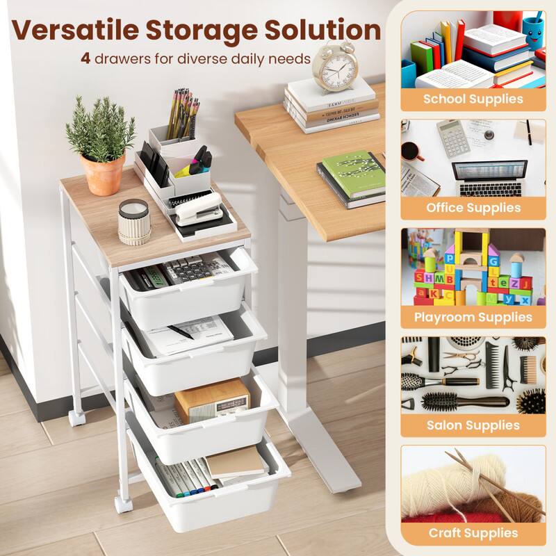 Versatile Storage Solution  
4 drawers for diverse daily needs  

School Supplies  
Office Supplies  
Playroom Supplies  
Salon Supplies  
Craft Supplies