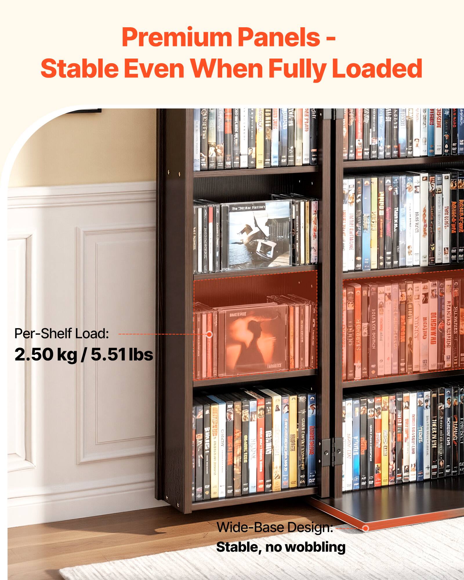 Premium Panels - Stable Even When Fully Loaded

Per-Shelf Load: 2.50 kg / 5.51 lbs

Wide-Base Design: Stable, no wobbling